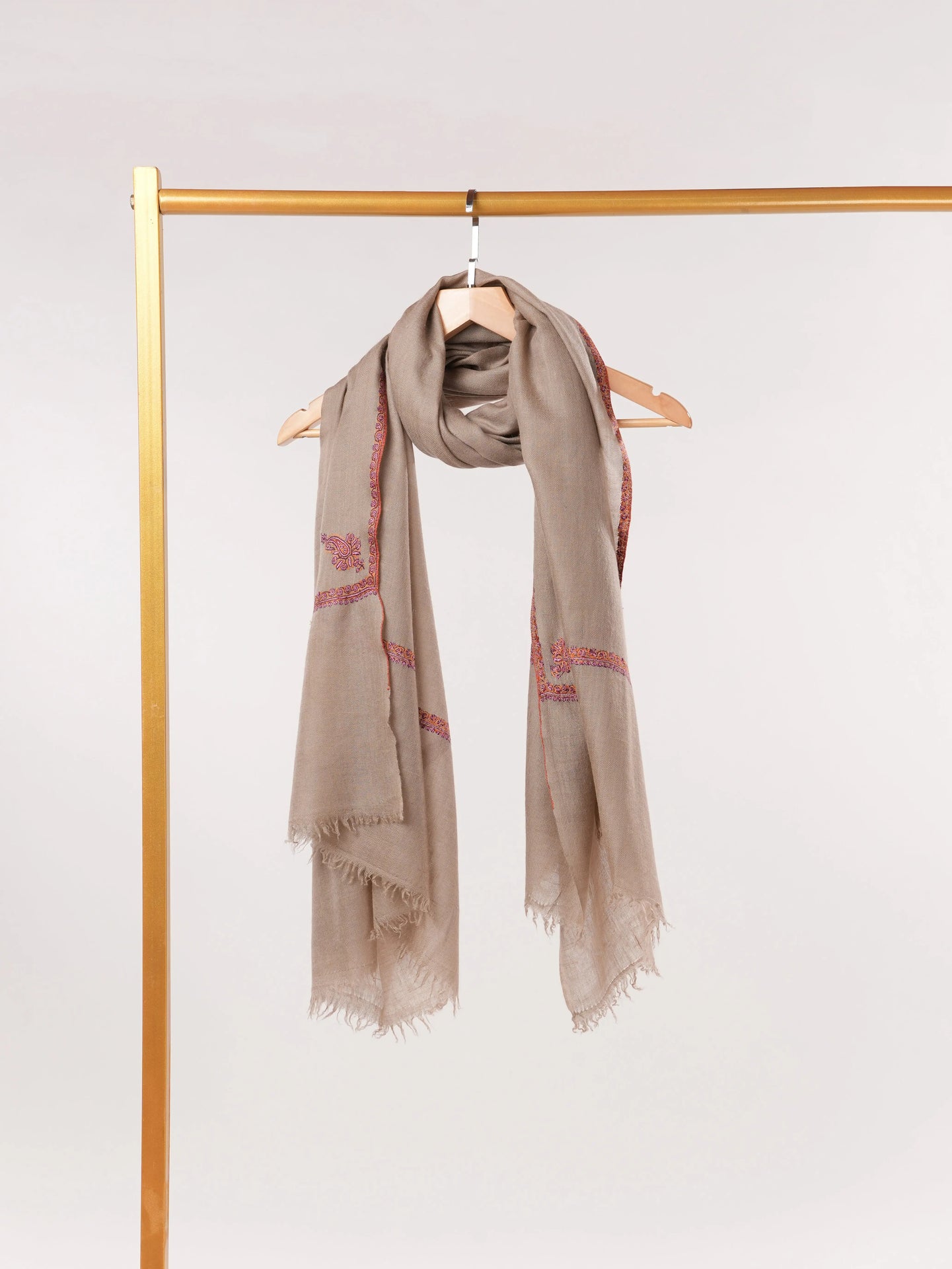 Taupe Baildar Handwoven Pashmina Shawl with Hand Embroidery Shahkaar.com