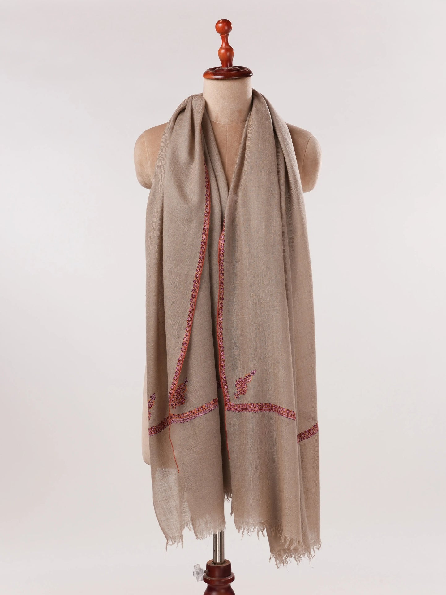 Taupe Baildar Handwoven Pashmina Shawl with Hand Embroidery Shahkaar.com