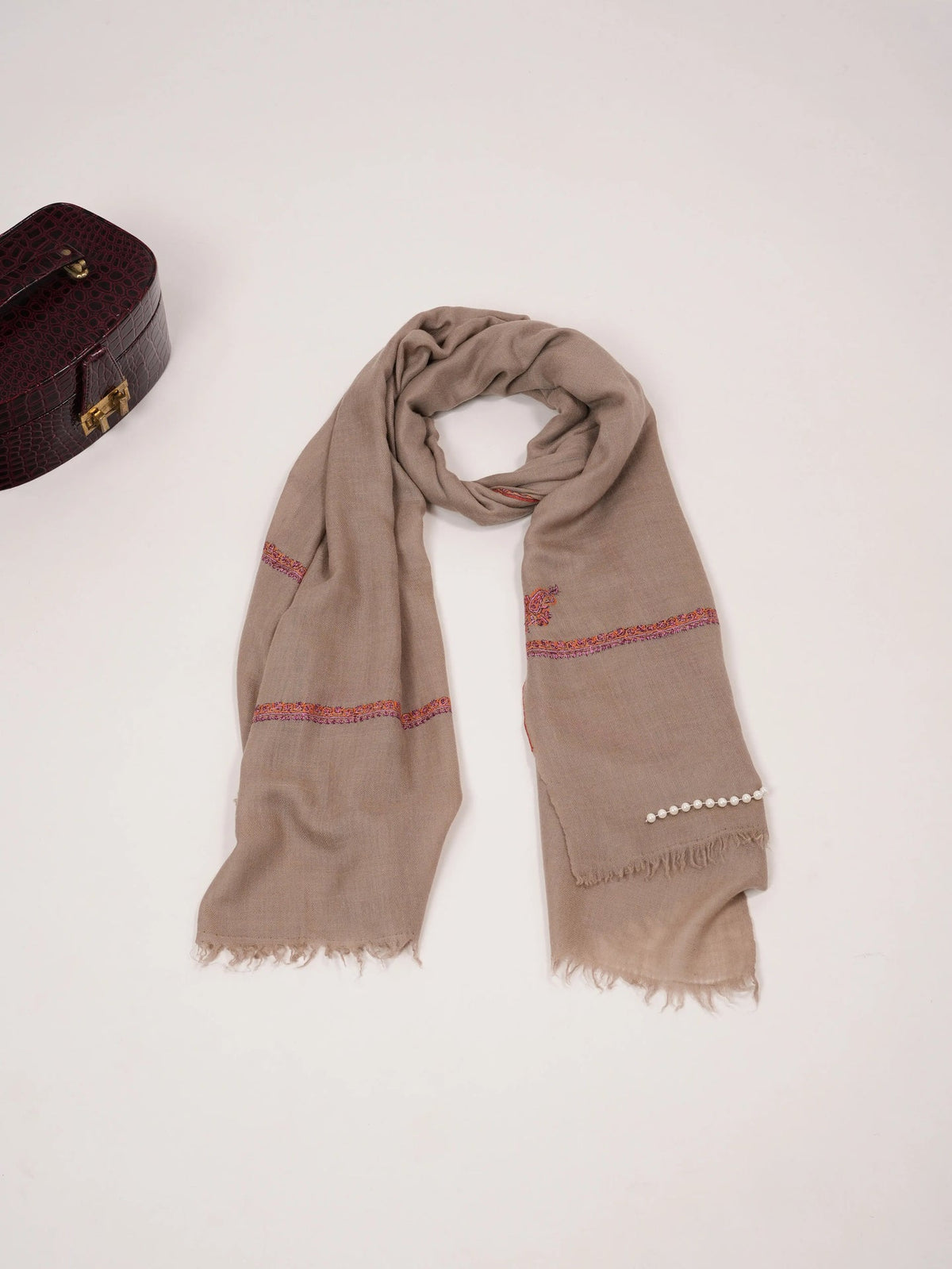 Taupe Baildar Handwoven Pashmina Shawl with Hand Embroidery Shahkaar.com