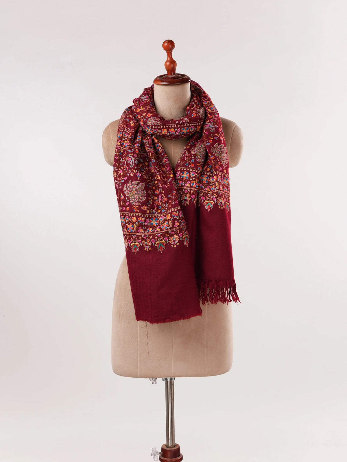 Burgundy Pashmina Shawl with Hand Papermachie Embroidery Shahkaar.com