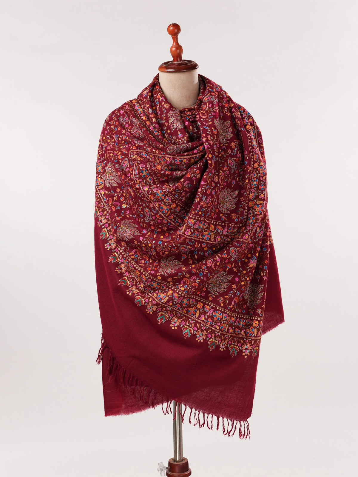 Burgundy Pashmina Shawl with Hand Papermachie Embroidery Shahkaar.com