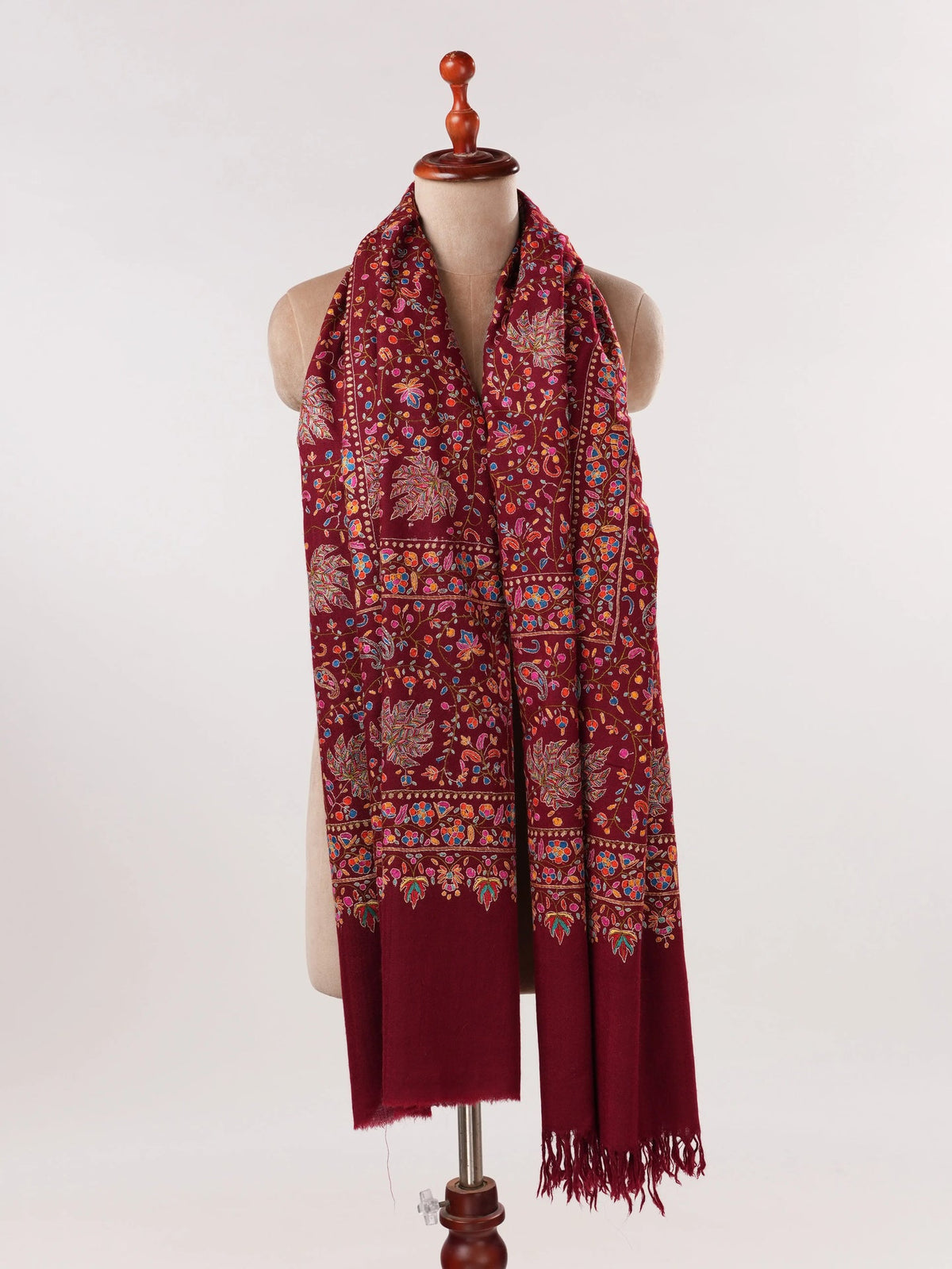 Burgundy Pashmina Shawl with Hand Papermachie Embroidery Shahkaar.com