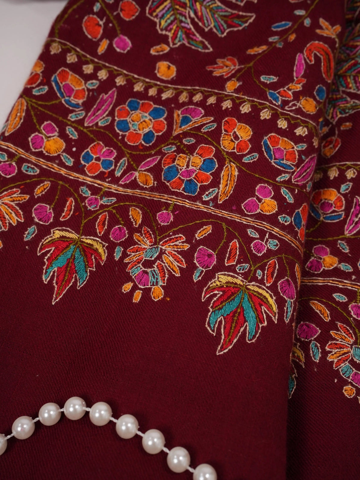 Burgundy Pashmina Shawl with Hand Papermachie Embroidery Shahkaar.com