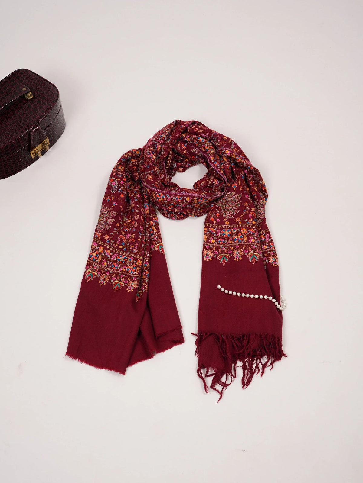 Burgundy Pashmina Shawl with Hand Papermachie Embroidery Shahkaar.com