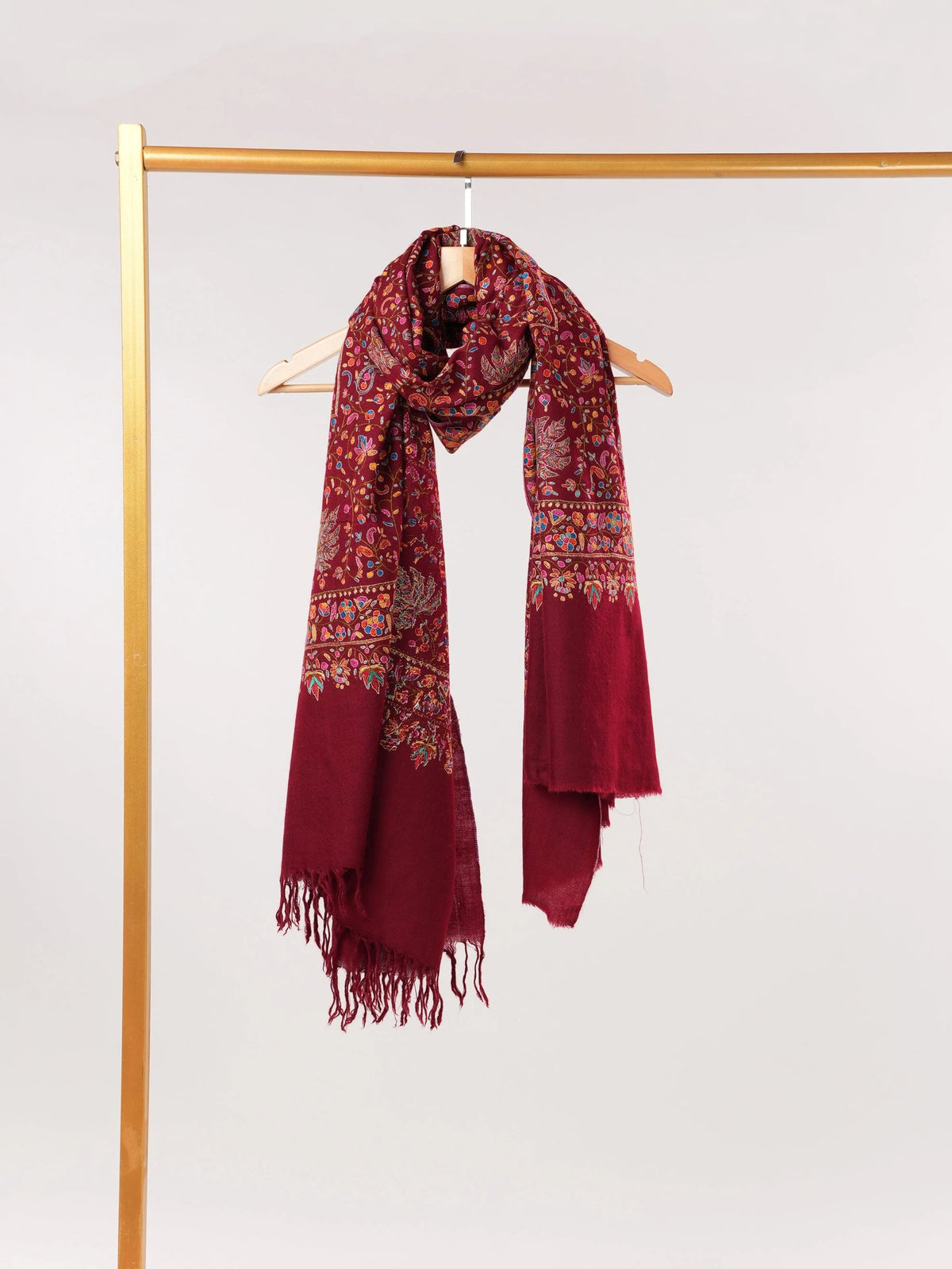 Burgundy Pashmina Shawl with Hand Papermachie Embroidery Shahkaar.com