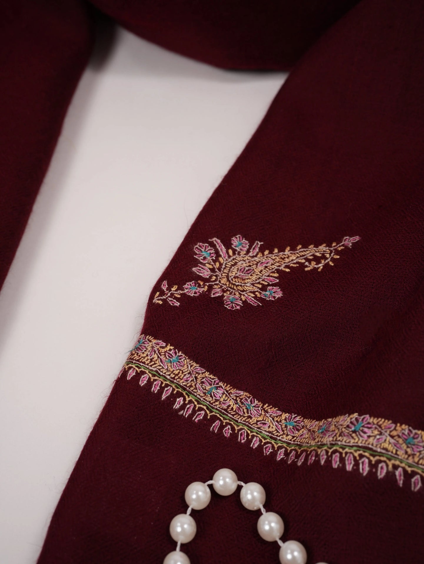 Handmade Burgundy Pashmina Shawl with Baildar Hand Embroidery Shahkaar.com