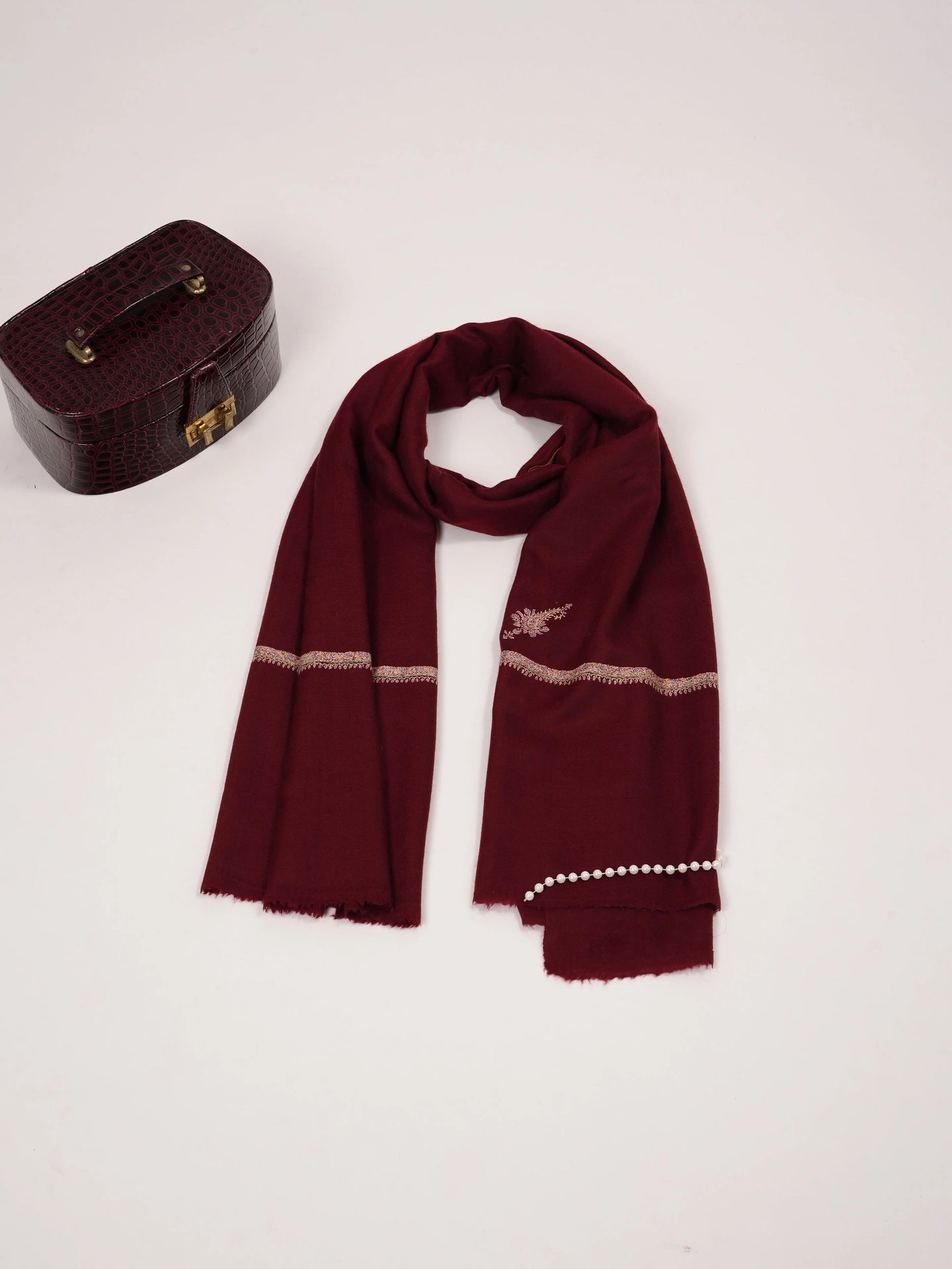 Handmade Burgundy Pashmina Shawl with Baildar Hand Embroidery Shahkaar.com