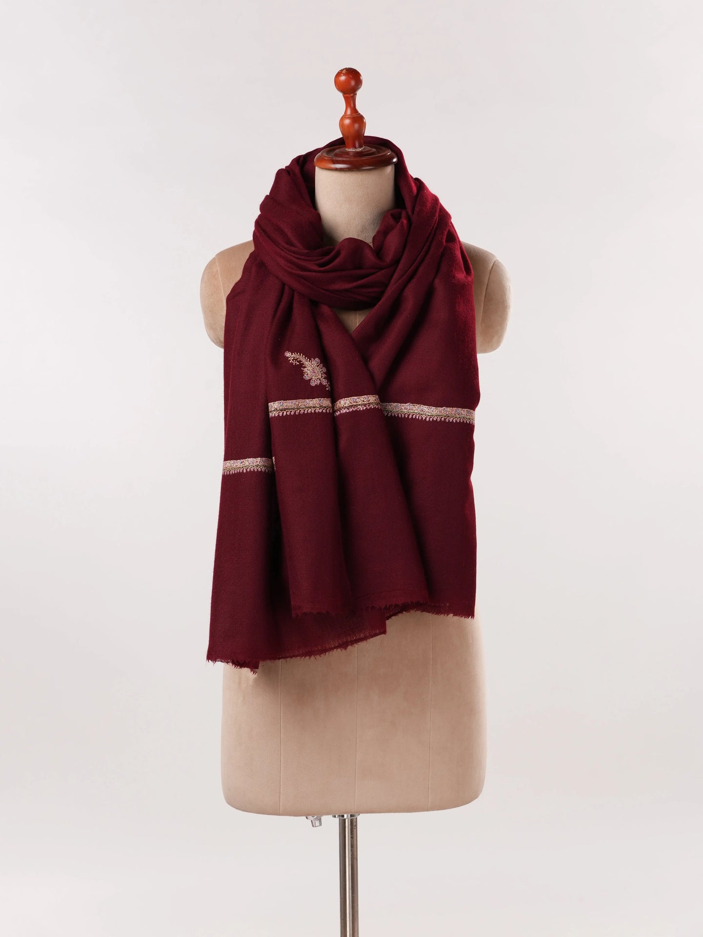 Handmade Burgundy Pashmina Shawl with Baildar Hand Embroidery Shahkaar.com