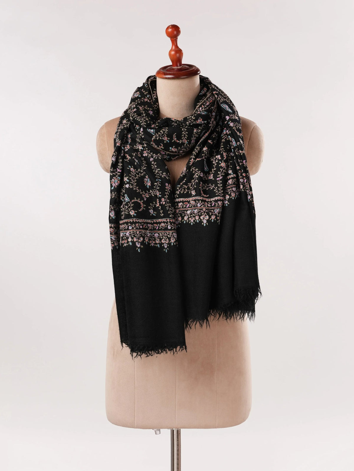 Black Handwoven Authentic  Pashmina Shawl with Jali Hand Sozni Embroidery Shahkaar.com