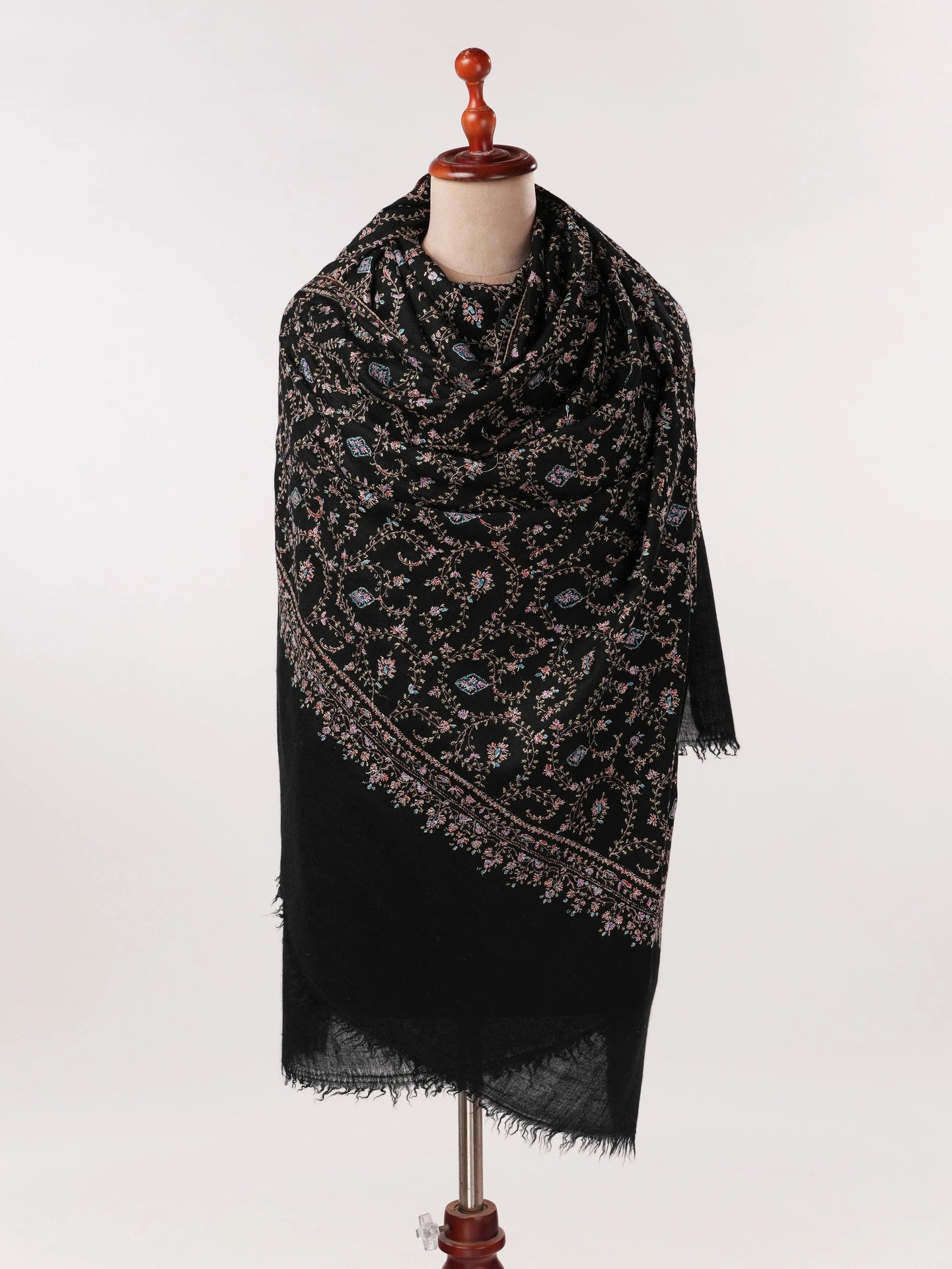 Black Handwoven Authentic  Pashmina Shawl with Jali Hand Sozni Embroidery Shahkaar.com