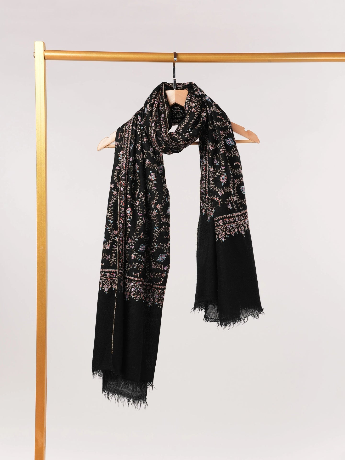 Black Handwoven Authentic  Pashmina Shawl with Jali Hand Sozni Embroidery Shahkaar.com