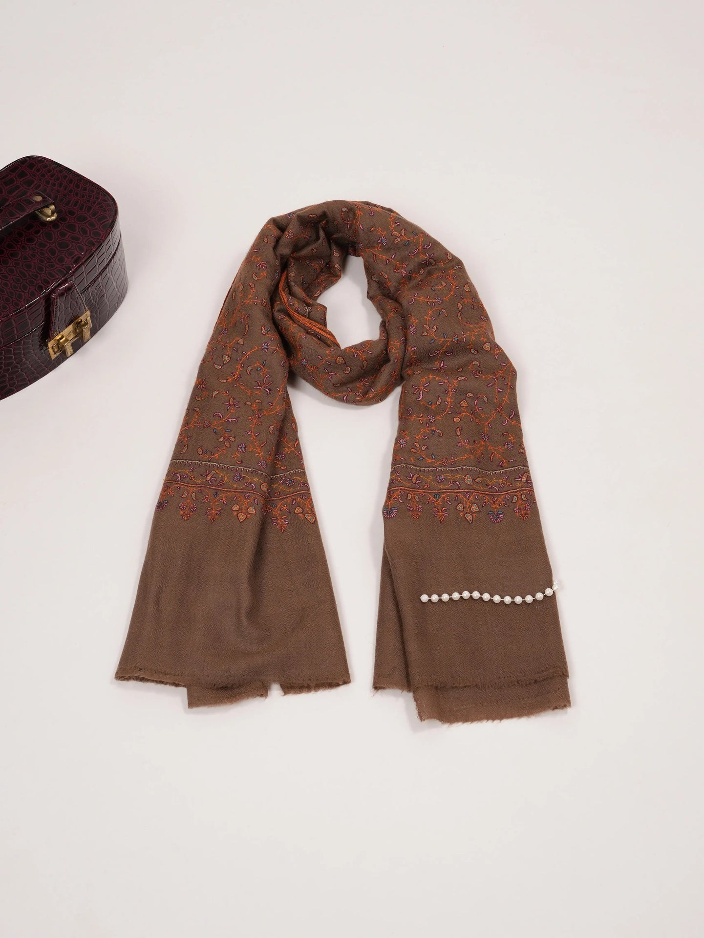 Dark Taupe Pashmina Shawl with Jali Hand Sozni Embroidery Shahkaar.com