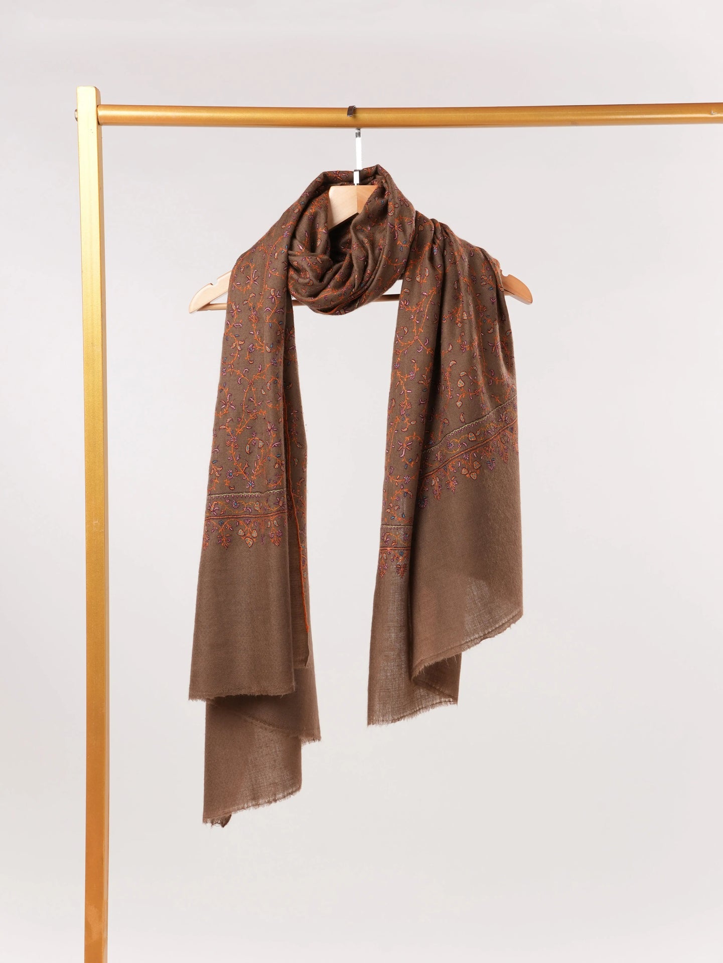 Dark Taupe Pashmina Shawl with Jali Hand Sozni Embroidery Shahkaar.com