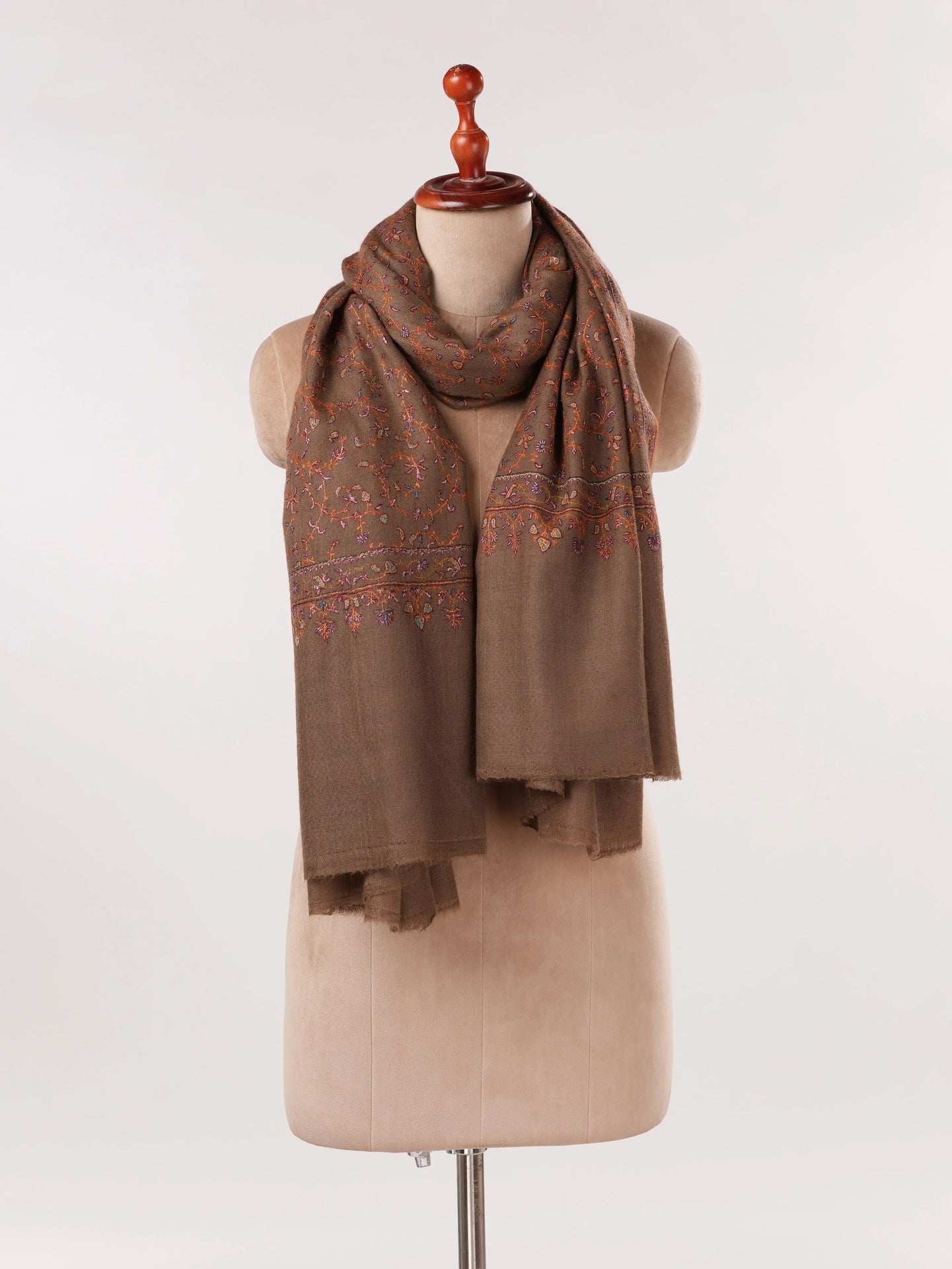 Dark Taupe Pashmina Shawl with Jali Hand Sozni Embroidery Shahkaar.com