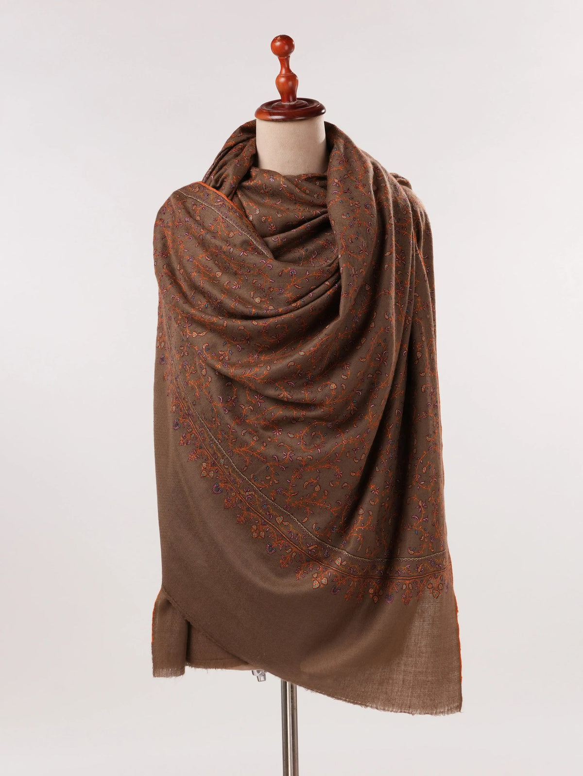 Dark Taupe Pashmina Shawl with Jali Hand Sozni Embroidery Shahkaar.com