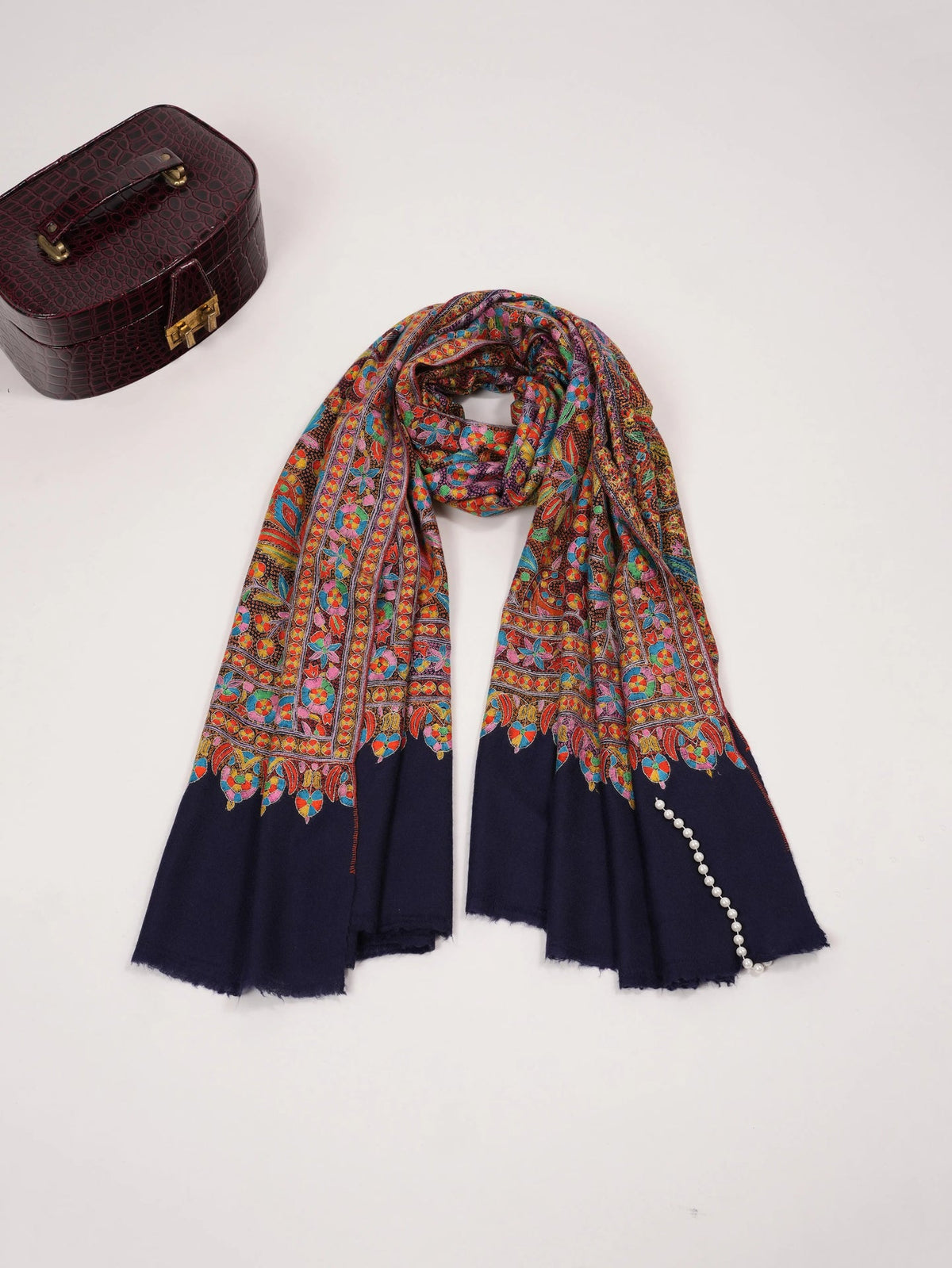 Navy Jama Pashmina Shawl with Hand Sozni Embroidery Shahkaar.com