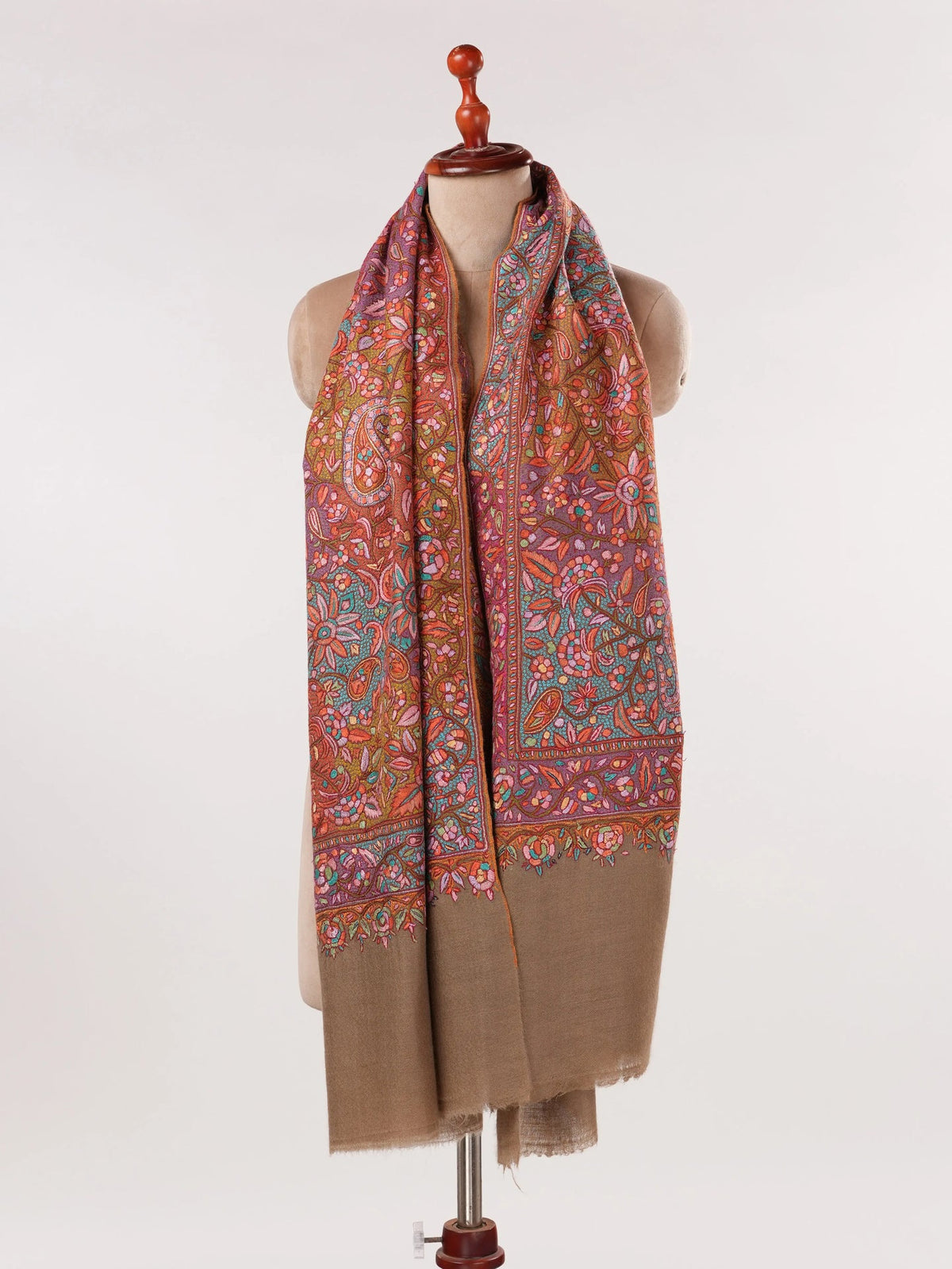 Beige Pure Pashmina Jamavar Shawl with Papermachie Embroidery Shahkaar.com