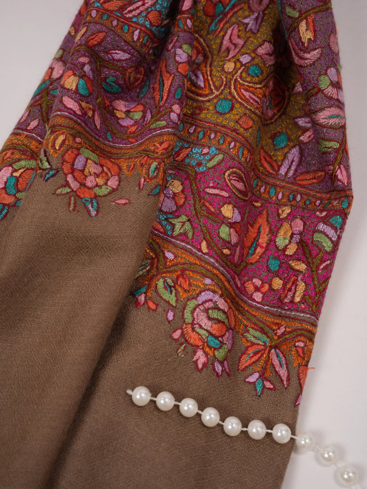 Beige Pure Pashmina Jamavar Shawl with Papermachie Embroidery Shahkaar.com