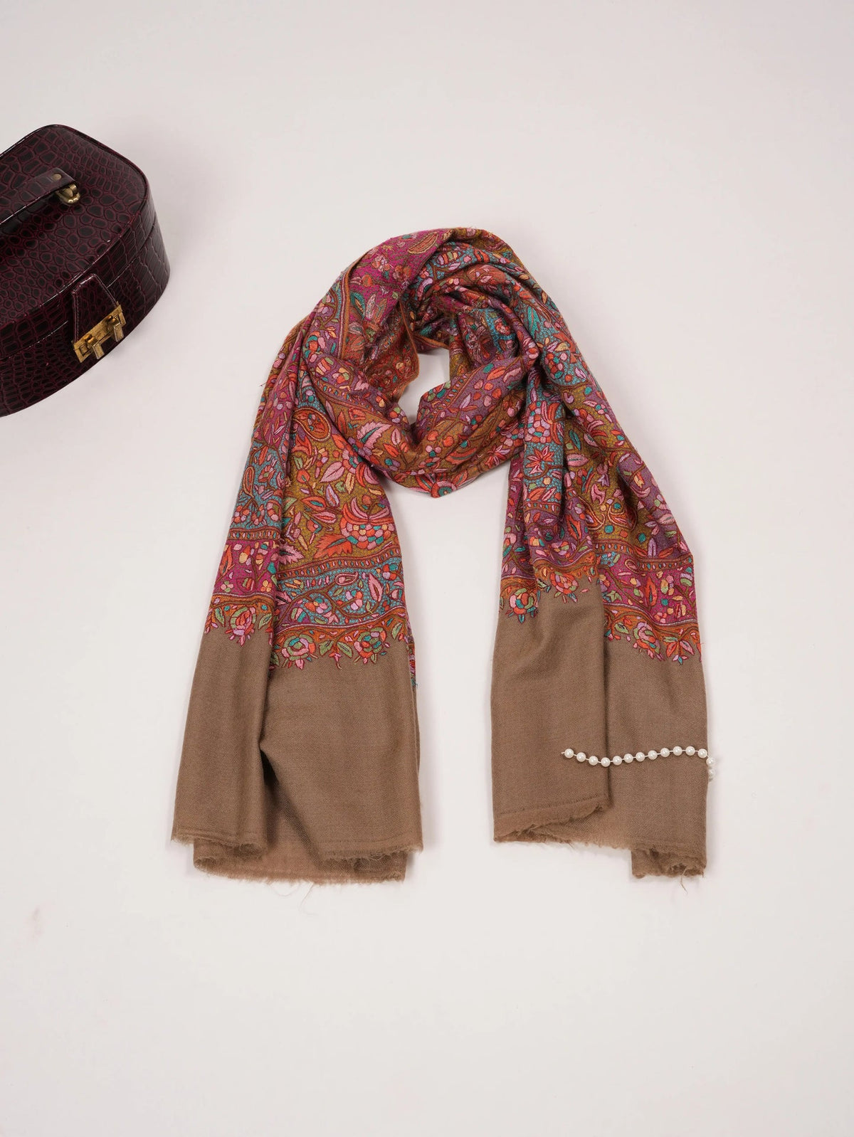 Beige Pure Pashmina Jamavar Shawl with Papermachie Embroidery Shahkaar.com