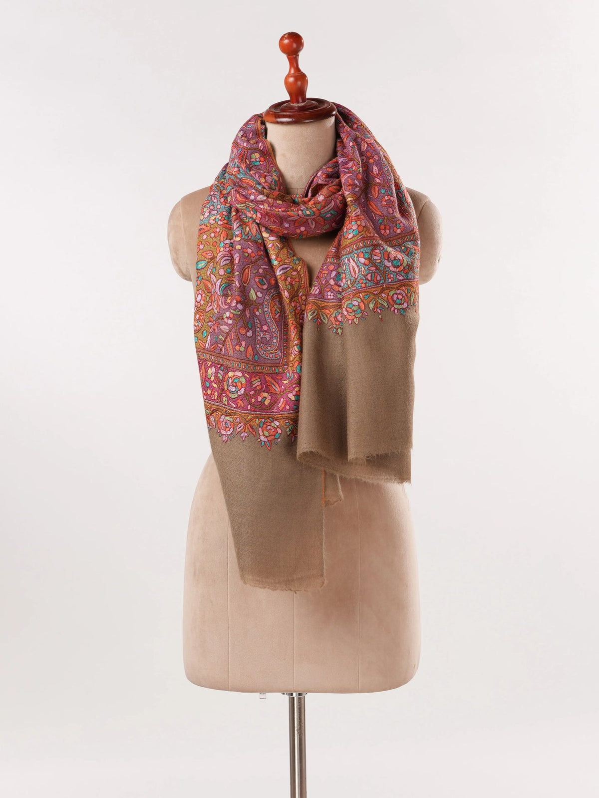 Beige Pure Pashmina Jamavar Shawl with Papermachie Embroidery Shahkaar.com