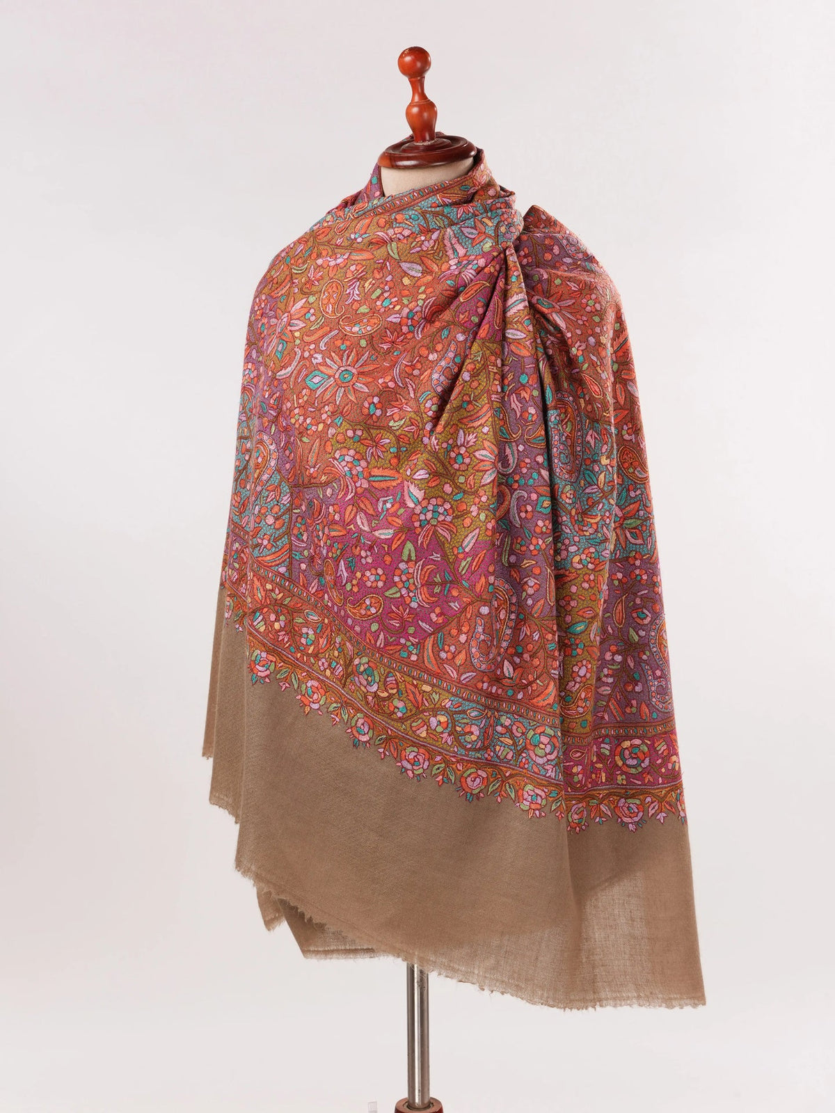 Beige Pure Pashmina Jamavar Shawl with Papermachie Embroidery Shahkaar.com