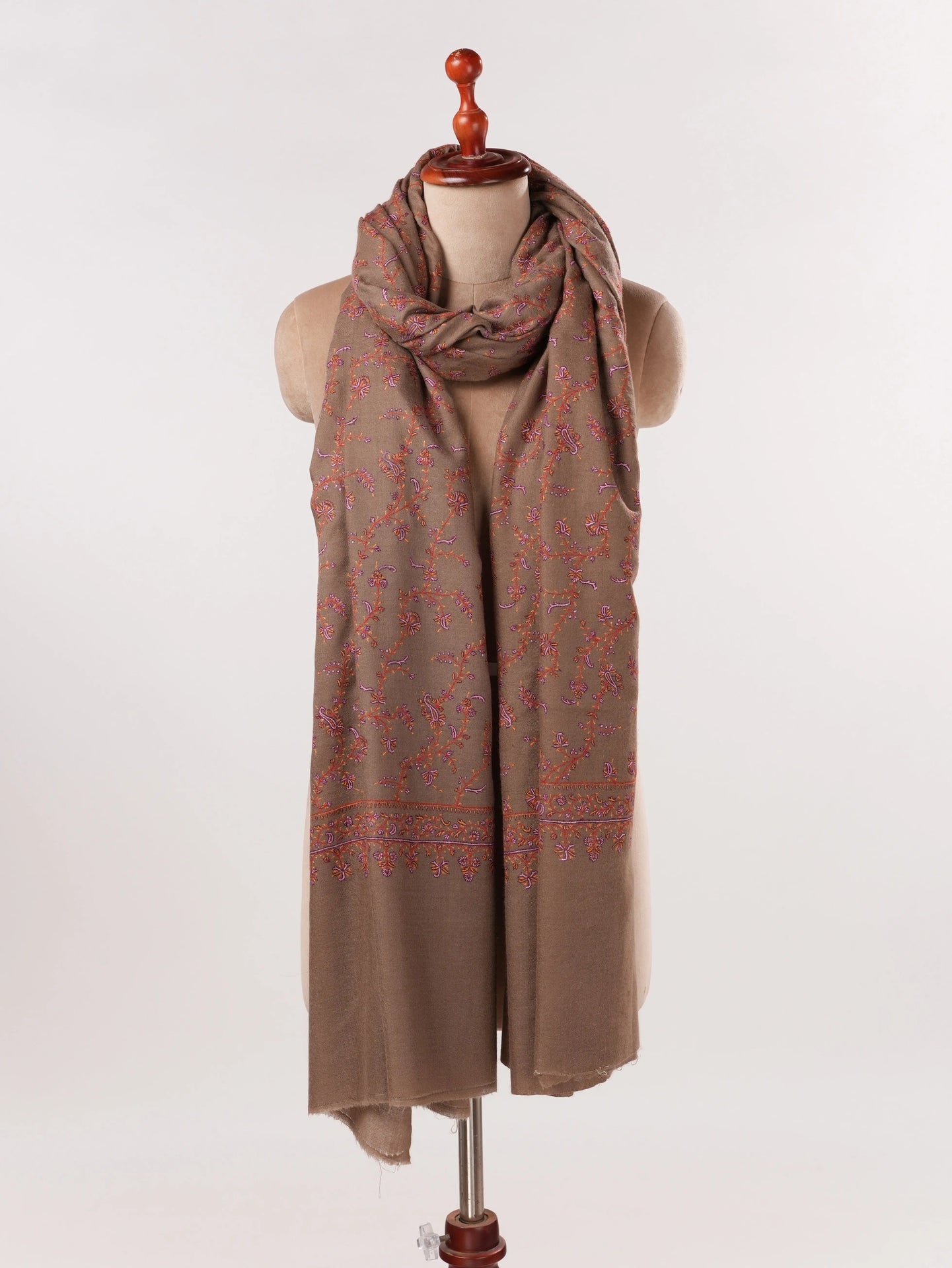Oversized Natural Taupe Kashmiri Pashmina Shawl with Jali Embroidery Shahkaar.com