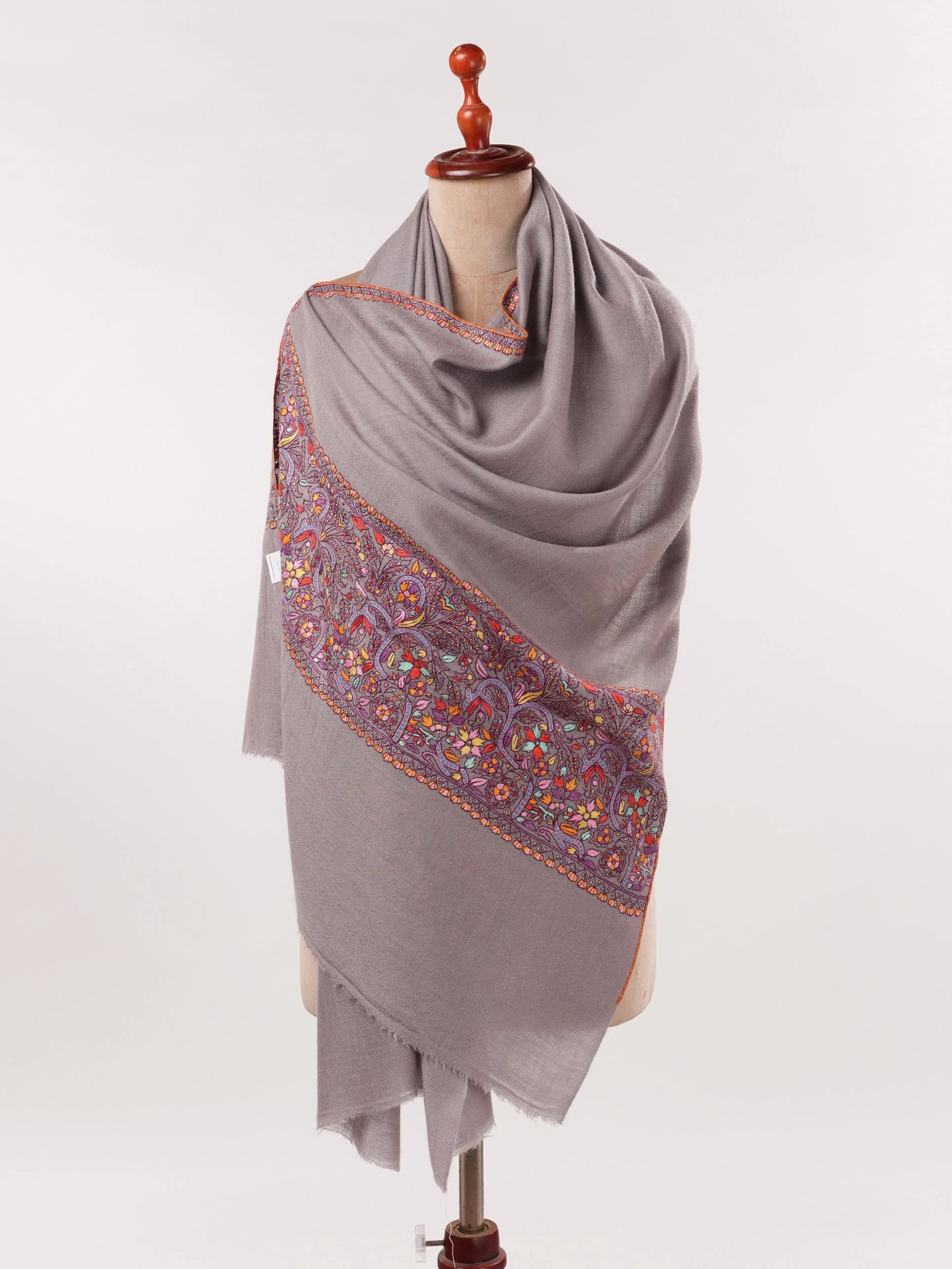 Grey Kashmiri Cashmere Scarf with Handwoven Palla Sozni Embroidery Shahkaar.com