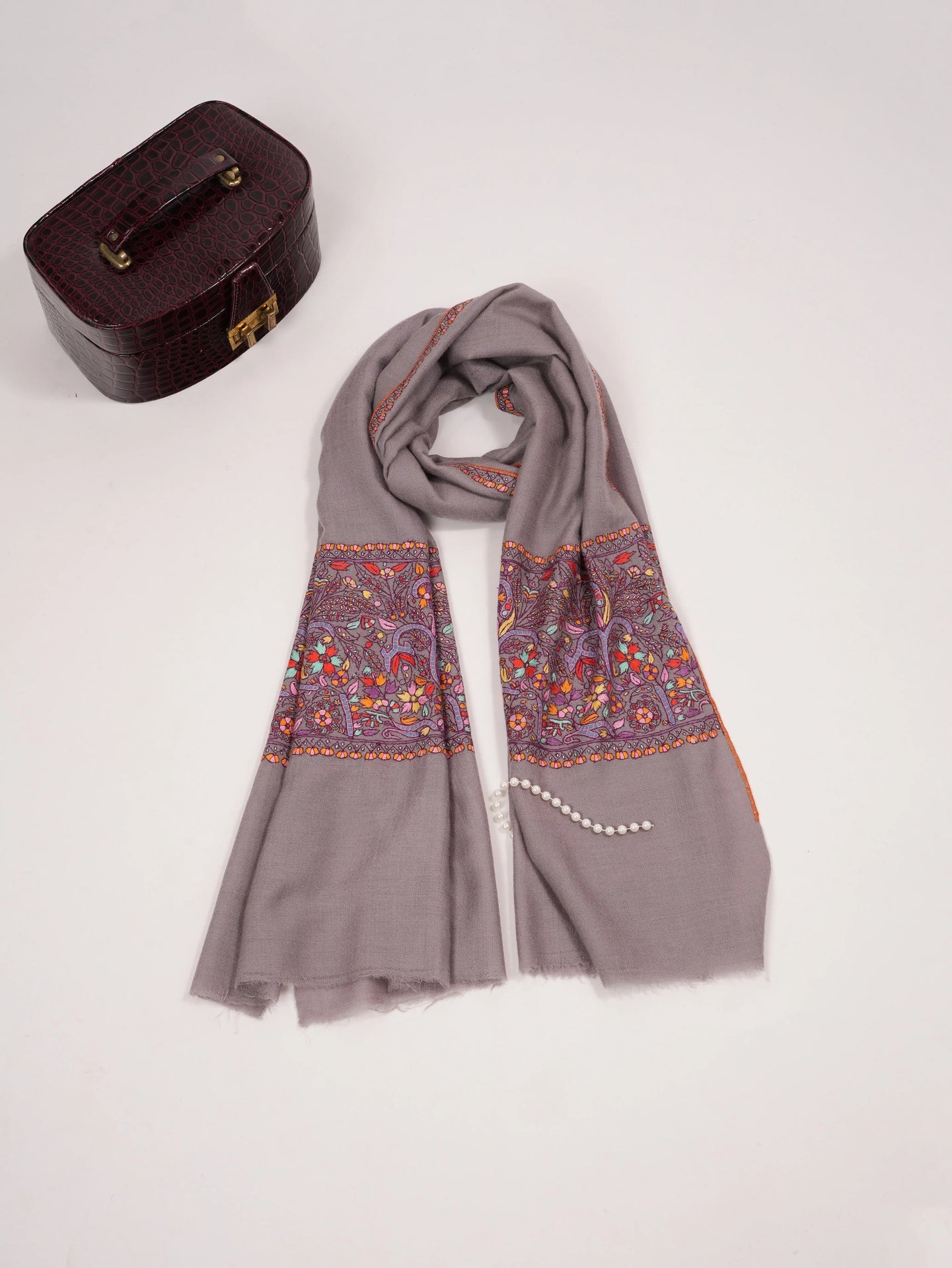 Grey Kashmiri Cashmere Scarf with Handwoven Palla Sozni Embroidery Shahkaar.com