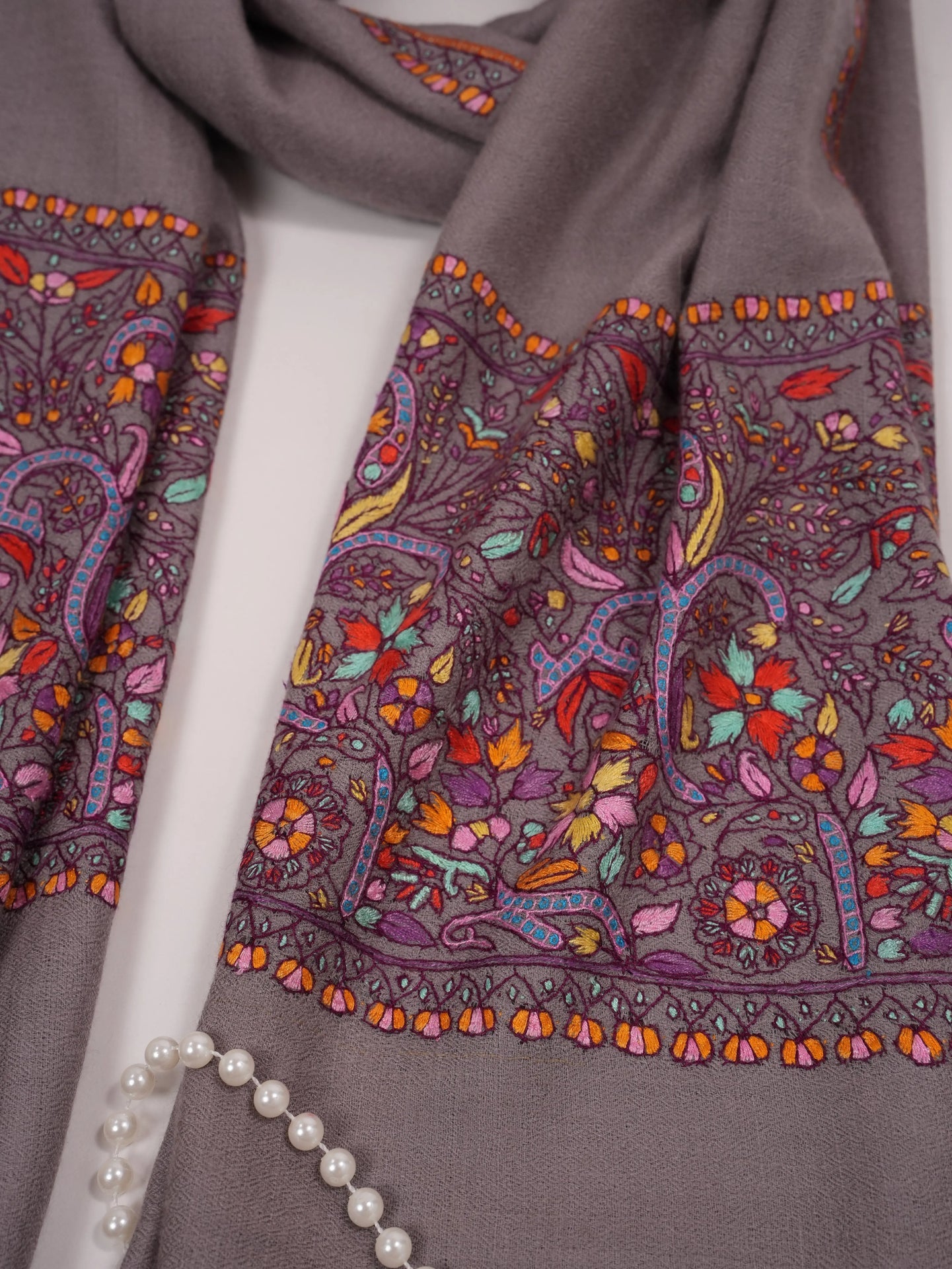 Grey Kashmiri Cashmere Scarf with Handwoven Palla Sozni Embroidery Shahkaar.com