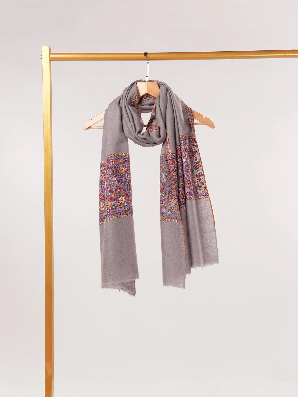 Grey Kashmiri Cashmere Scarf with Handwoven Palla Sozni Embroidery Shahkaar.com