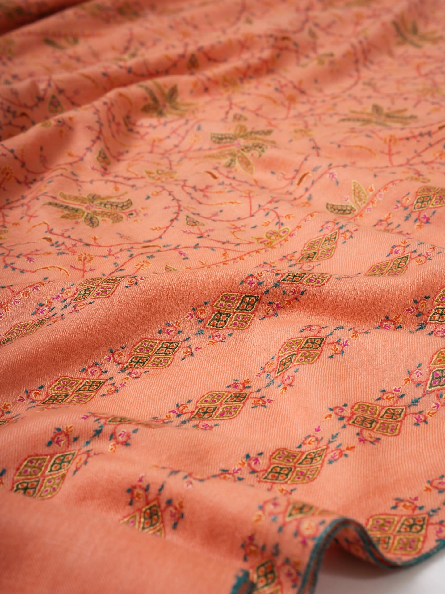 Peach Original Pashmina Shawl with Khatras Hand Embroidery Shahkaar