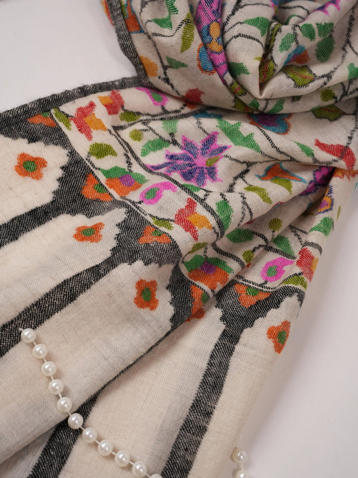 Natural Ivory Handspun Handwoven Floral Kani Pashmina Scarf