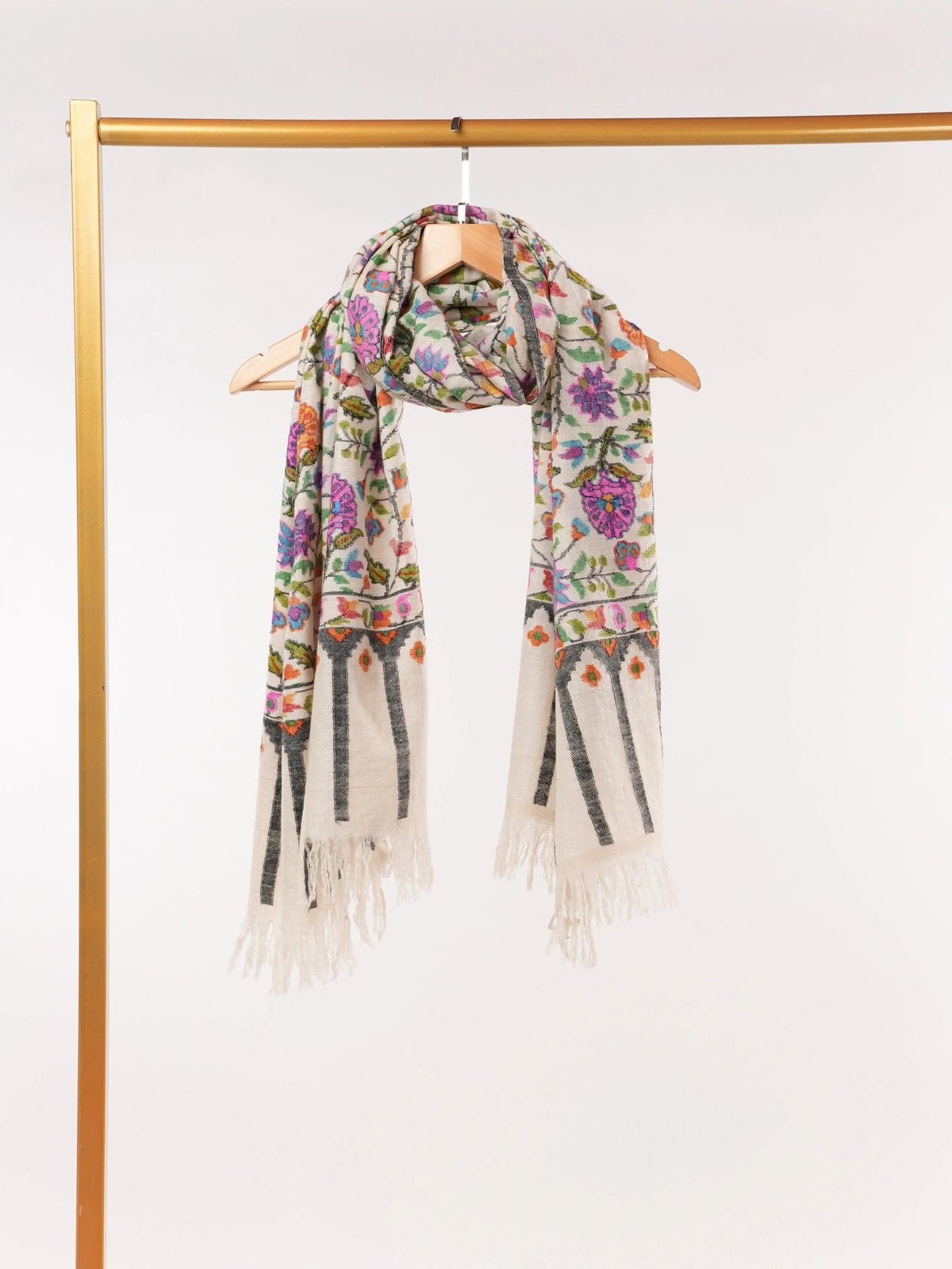 Natural Ivory Handspun Handwoven Floral Kani Pashmina Scarf