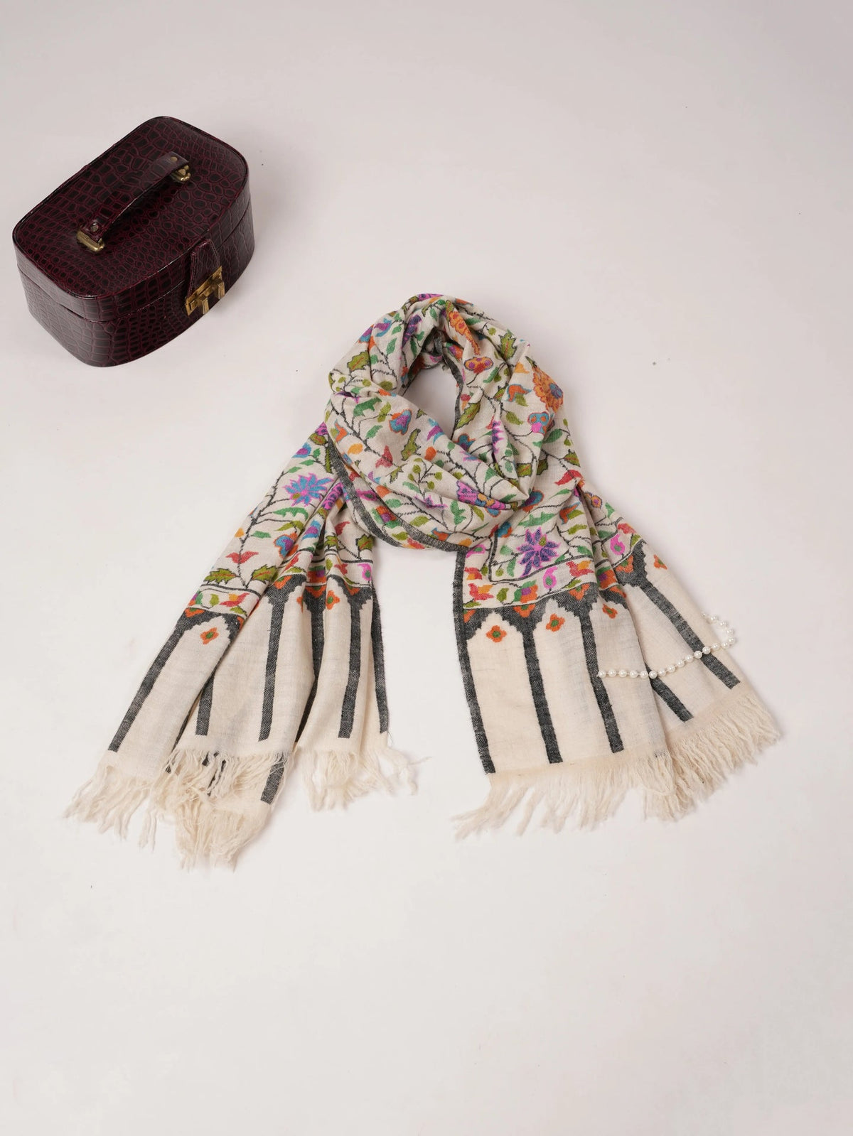 Natural Ivory Handspun Handwoven Floral Kani Pashmina Scarf