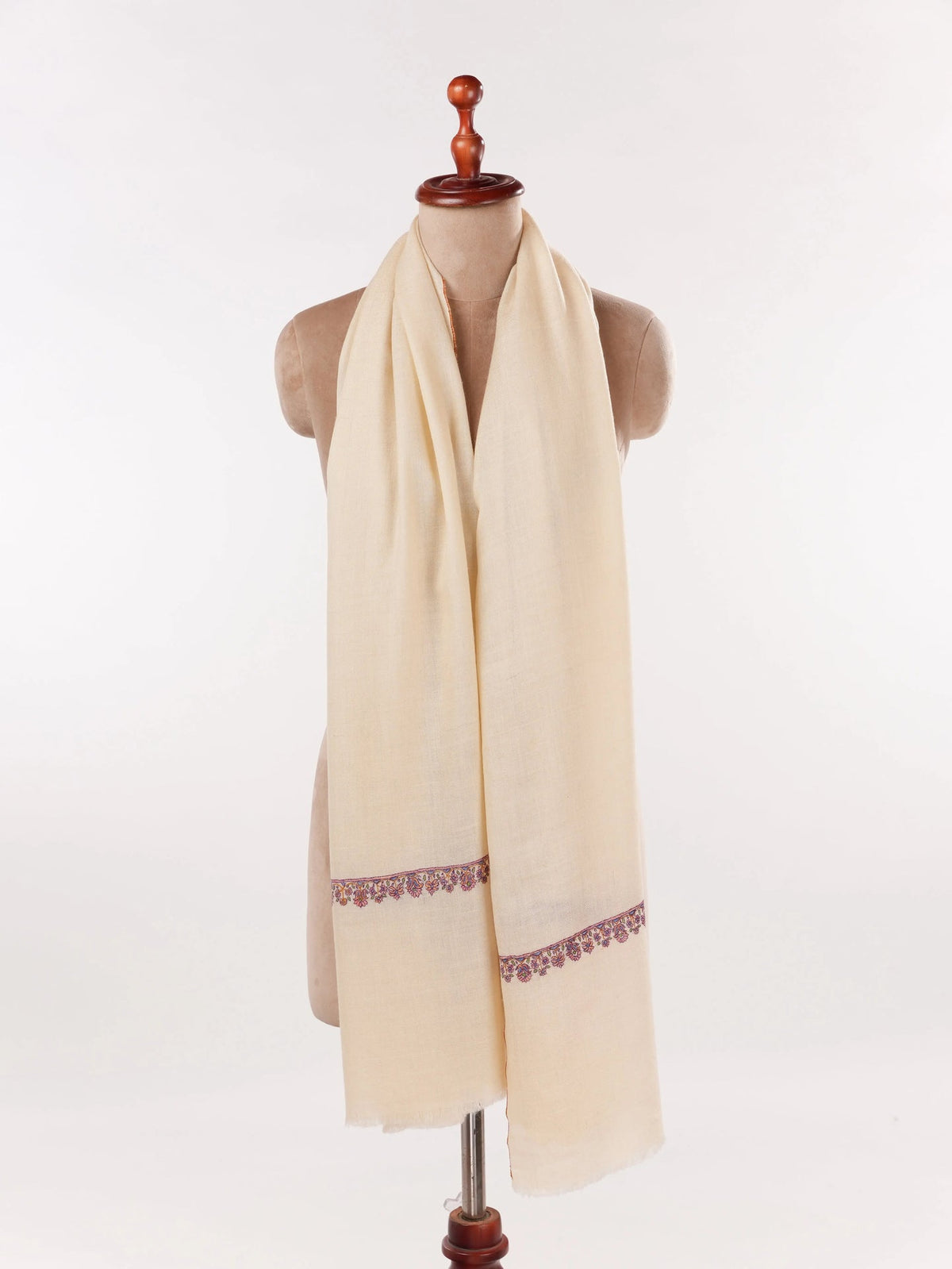 Natural White Genuine Cashmere Scarf with Palldar Embroidery