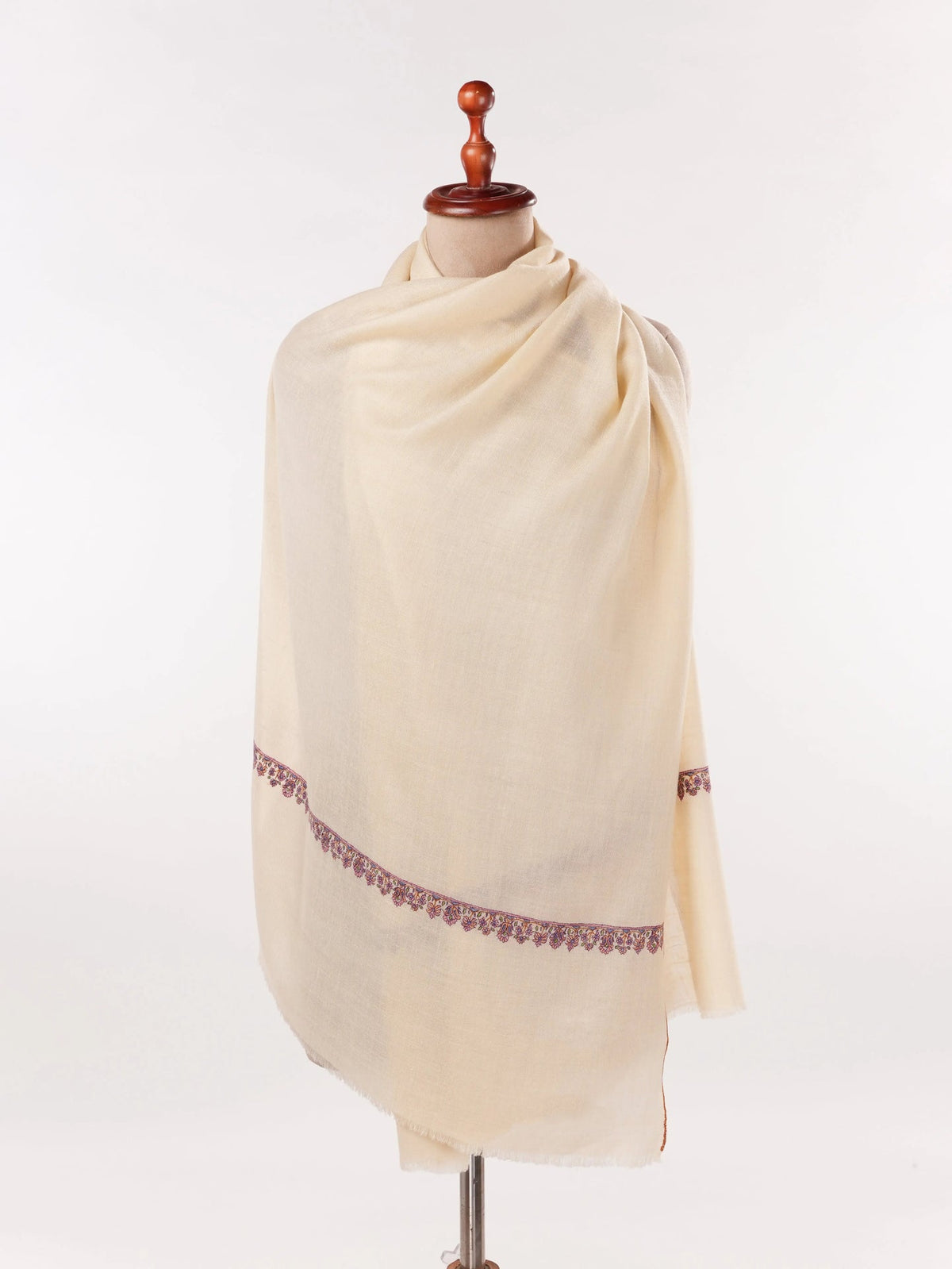 Natural White Genuine Cashmere Scarf with Palldar Embroidery