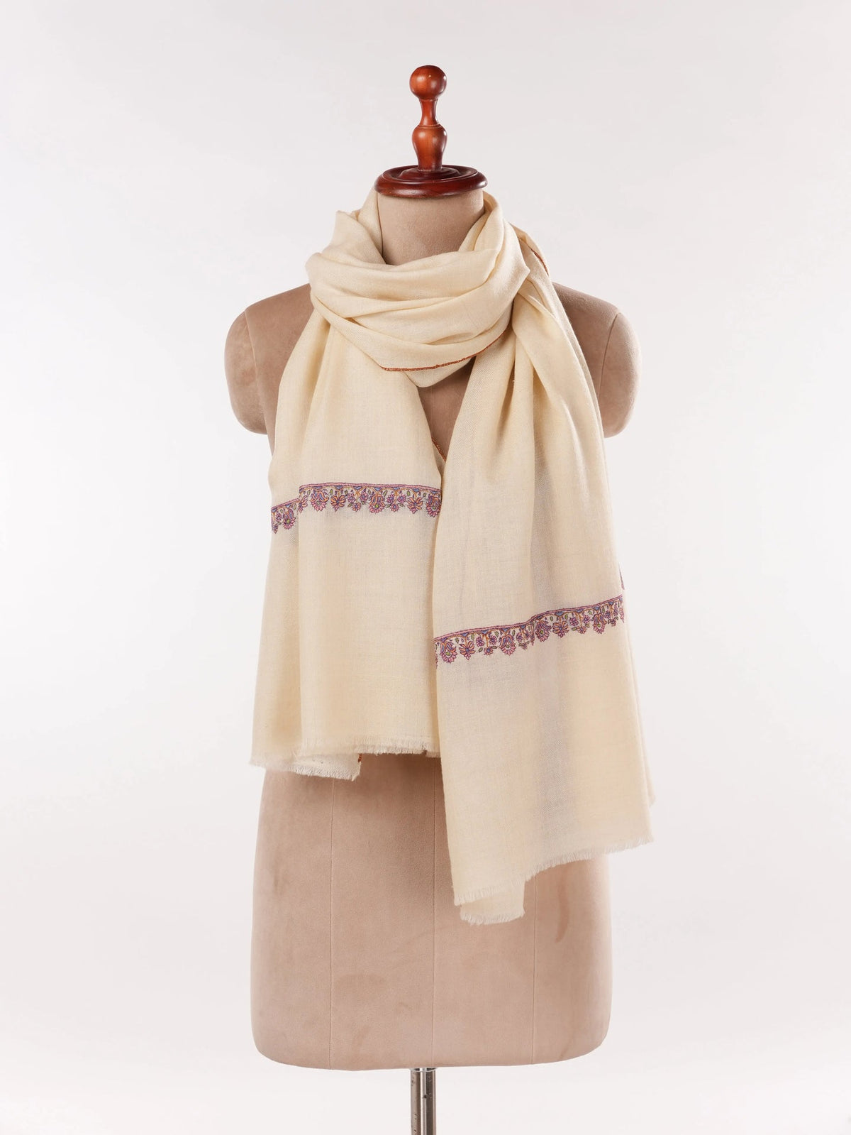 Natural White Genuine Cashmere Scarf with Palldar Embroidery