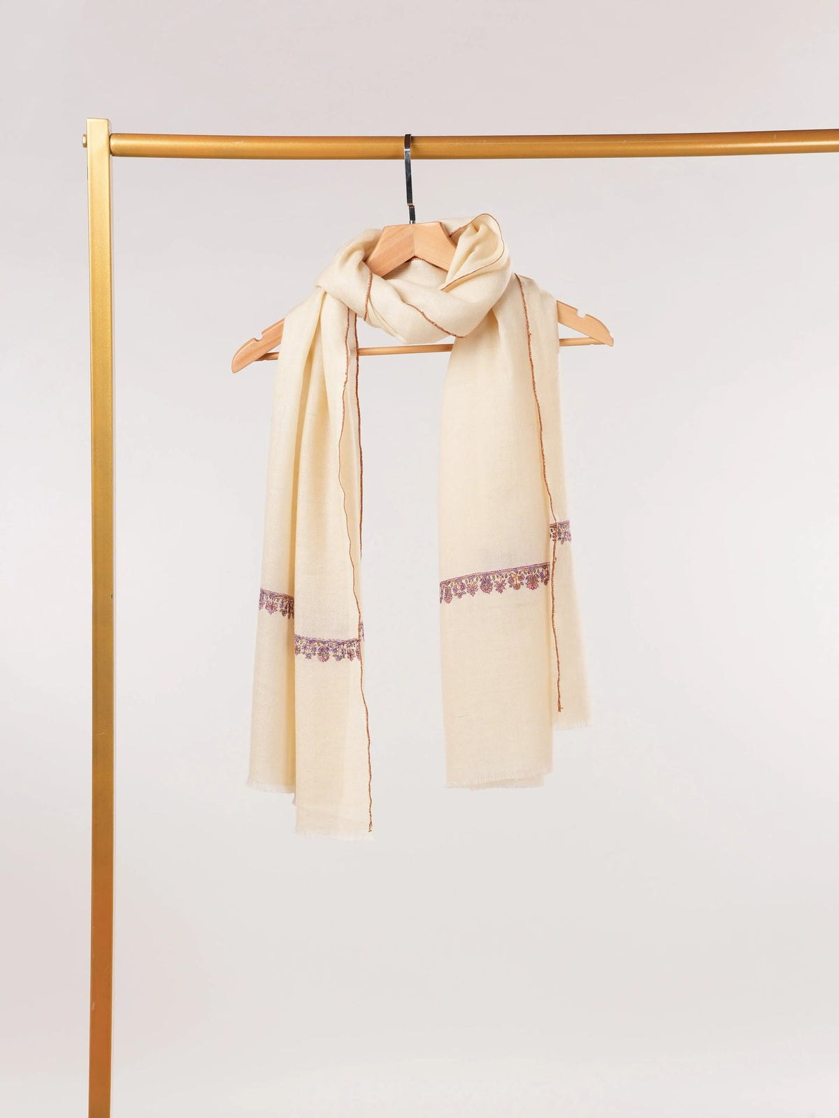 Natural White Genuine Cashmere Scarf with Palldar Embroidery