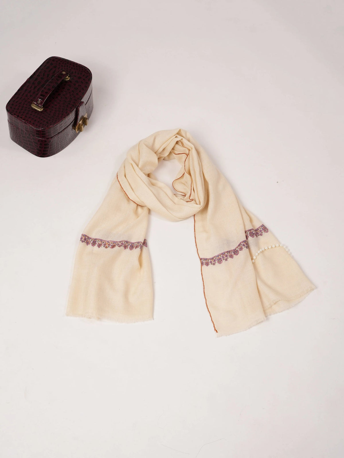 Natural White Genuine Cashmere Scarf with Palldar Embroidery