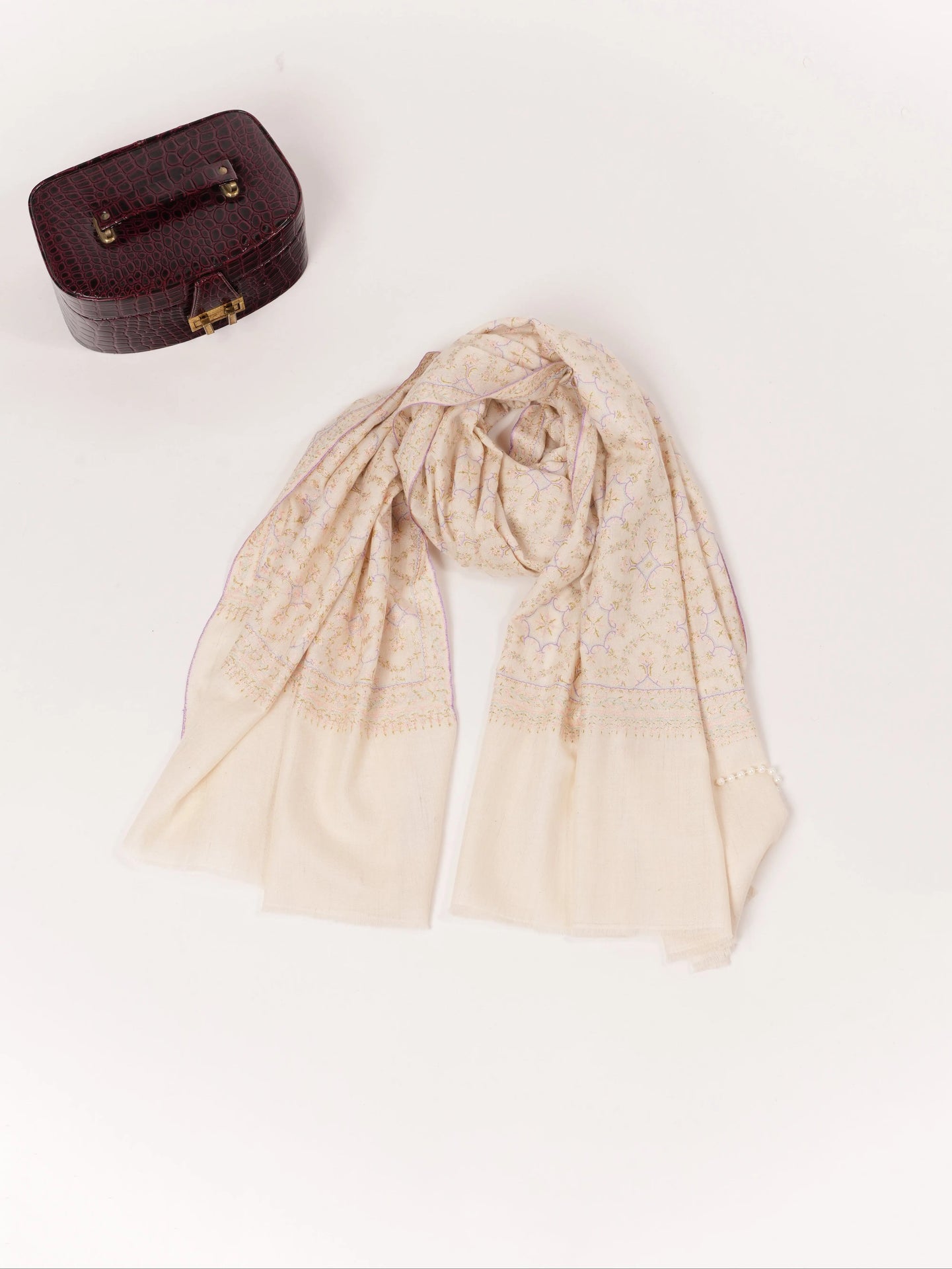 Jali Mulberry SIlk Embroidered Kashmiri Pashmina Shawl in Natural Offwhite Shahkaar.com