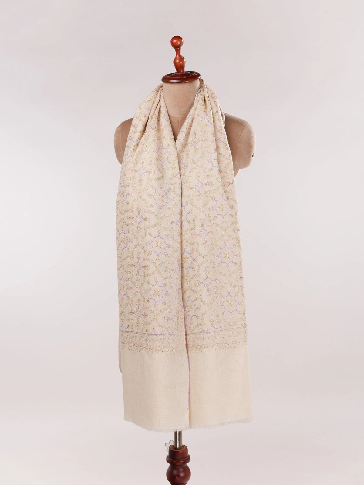 Jali Mulberry SIlk Embroidered Kashmiri Pashmina Shawl in Natural Offwhite Shahkaar.com