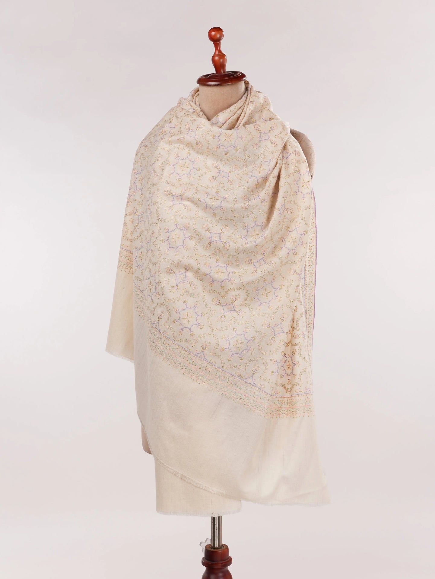 Jali Mulberry SIlk Embroidered Kashmiri Pashmina Shawl in Natural Offwhite Shahkaar.com