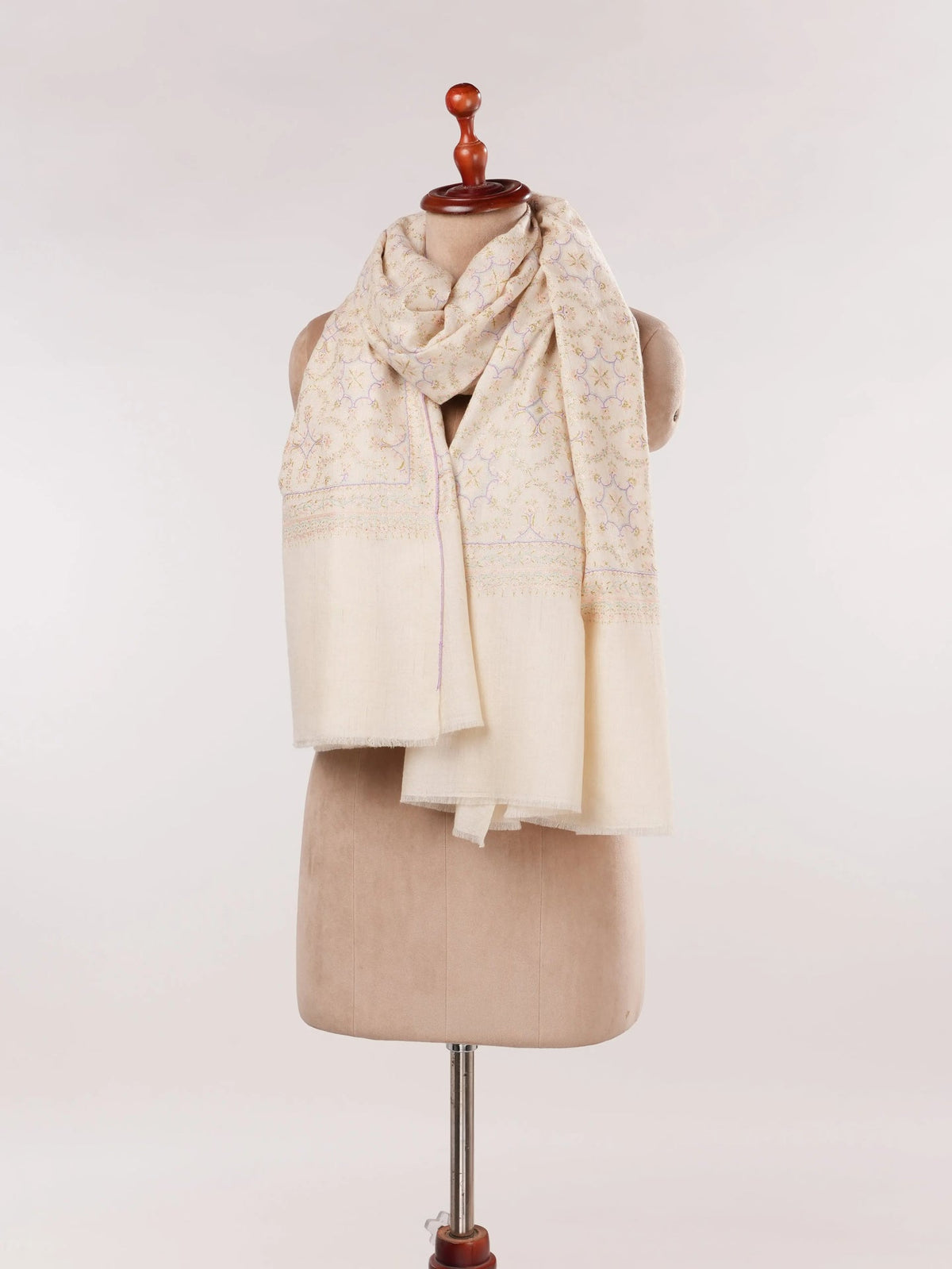 Jali Mulberry SIlk Embroidered Kashmiri Pashmina Shawl in Natural Offwhite Shahkaar.com