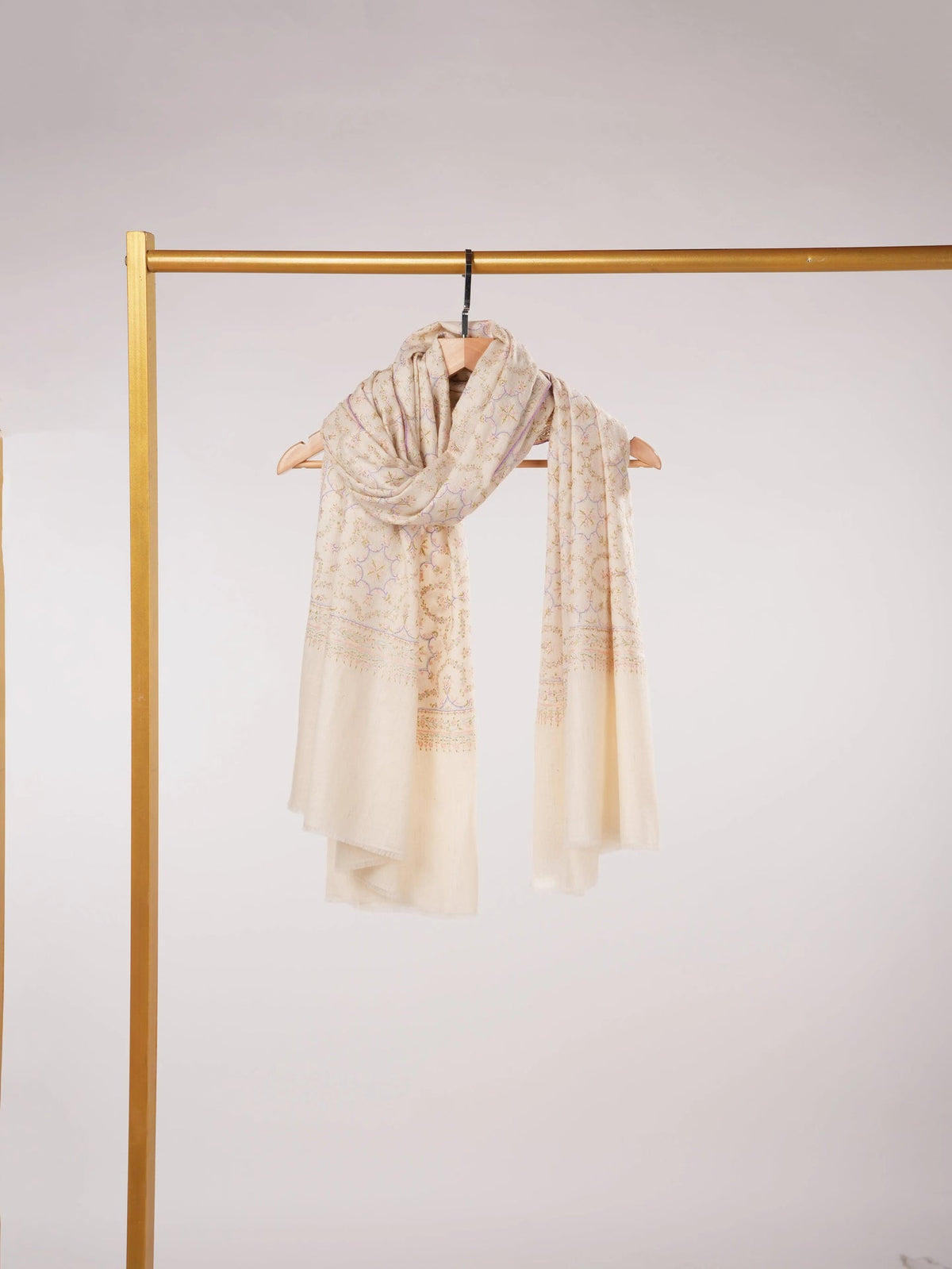 Jali Mulberry SIlk Embroidered Kashmiri Pashmina Shawl in Natural Offwhite Shahkaar.com