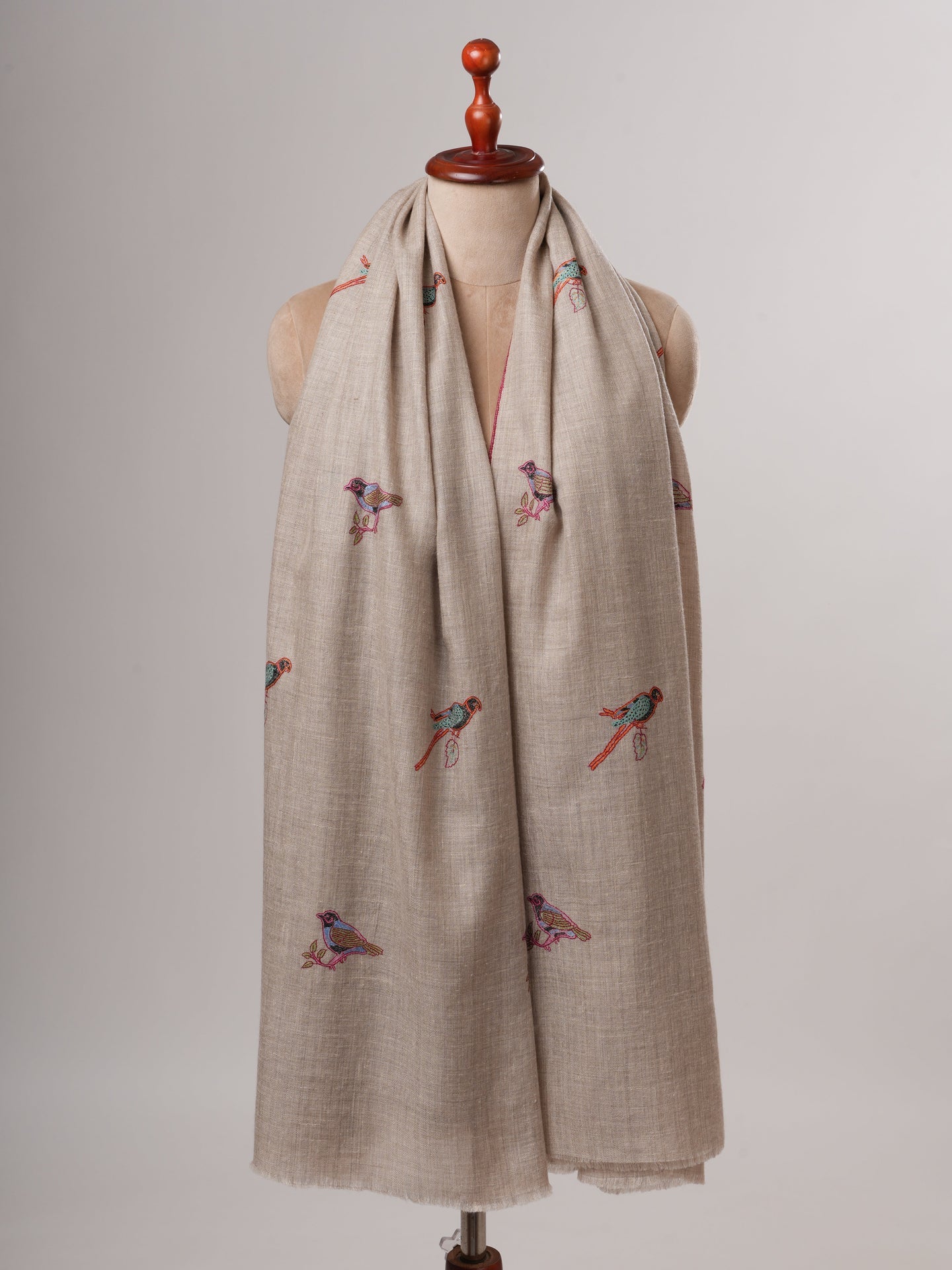 Hand Embroidered Sparrow Buteh Parrot Handwoven Indian Pashmina Shawl Shahkaar
