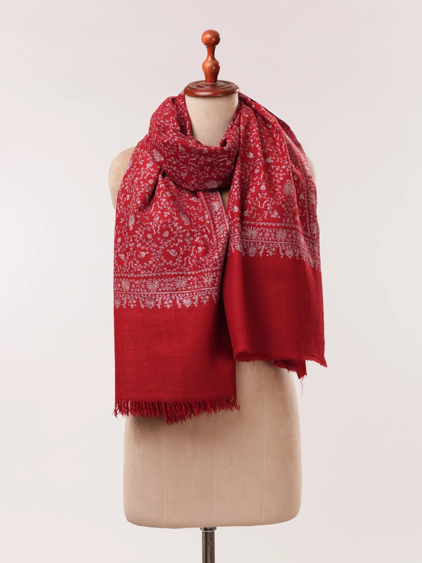 Ruby Red Handwoven Pure Pashmina Shawl with Silk Hand Embroidery Shahkaar.com