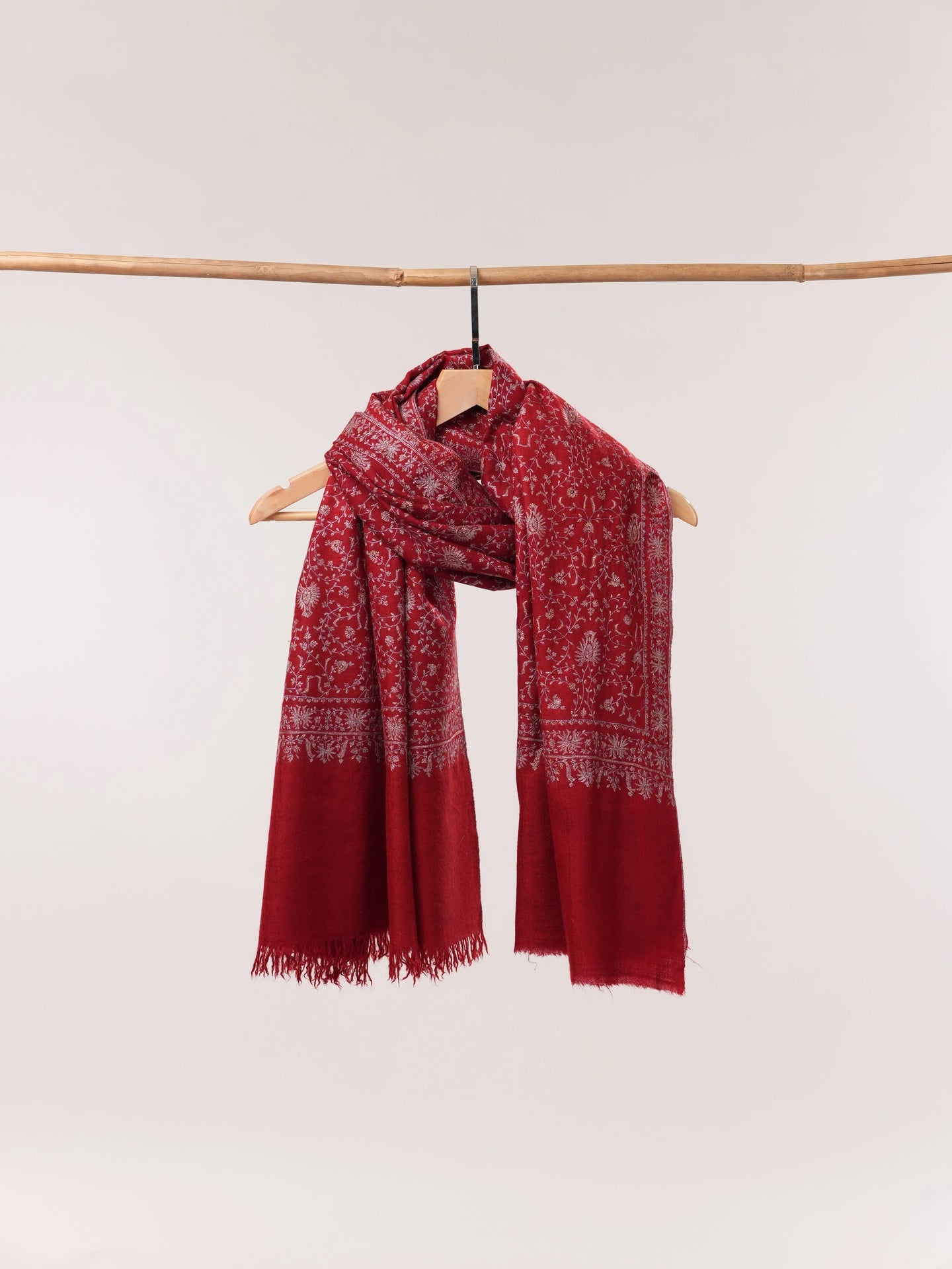 Ruby Red Handwoven Pure Pashmina Shawl with Silk Hand Embroidery Shahkaar.com