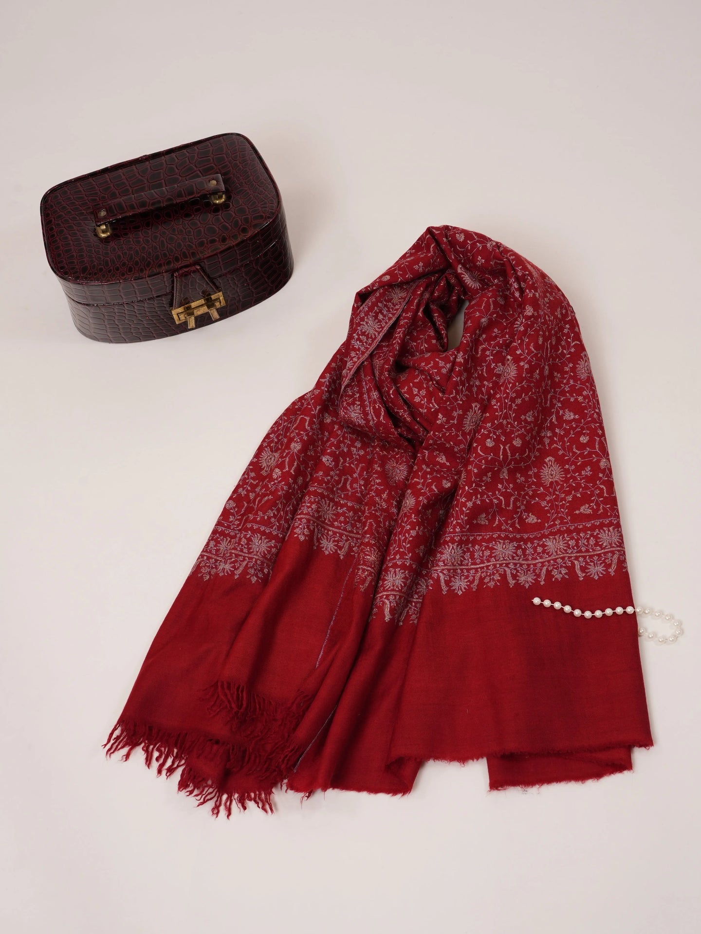 Ruby Red Handwoven Pure Pashmina Shawl with Silk Hand Embroidery Shahkaar.com