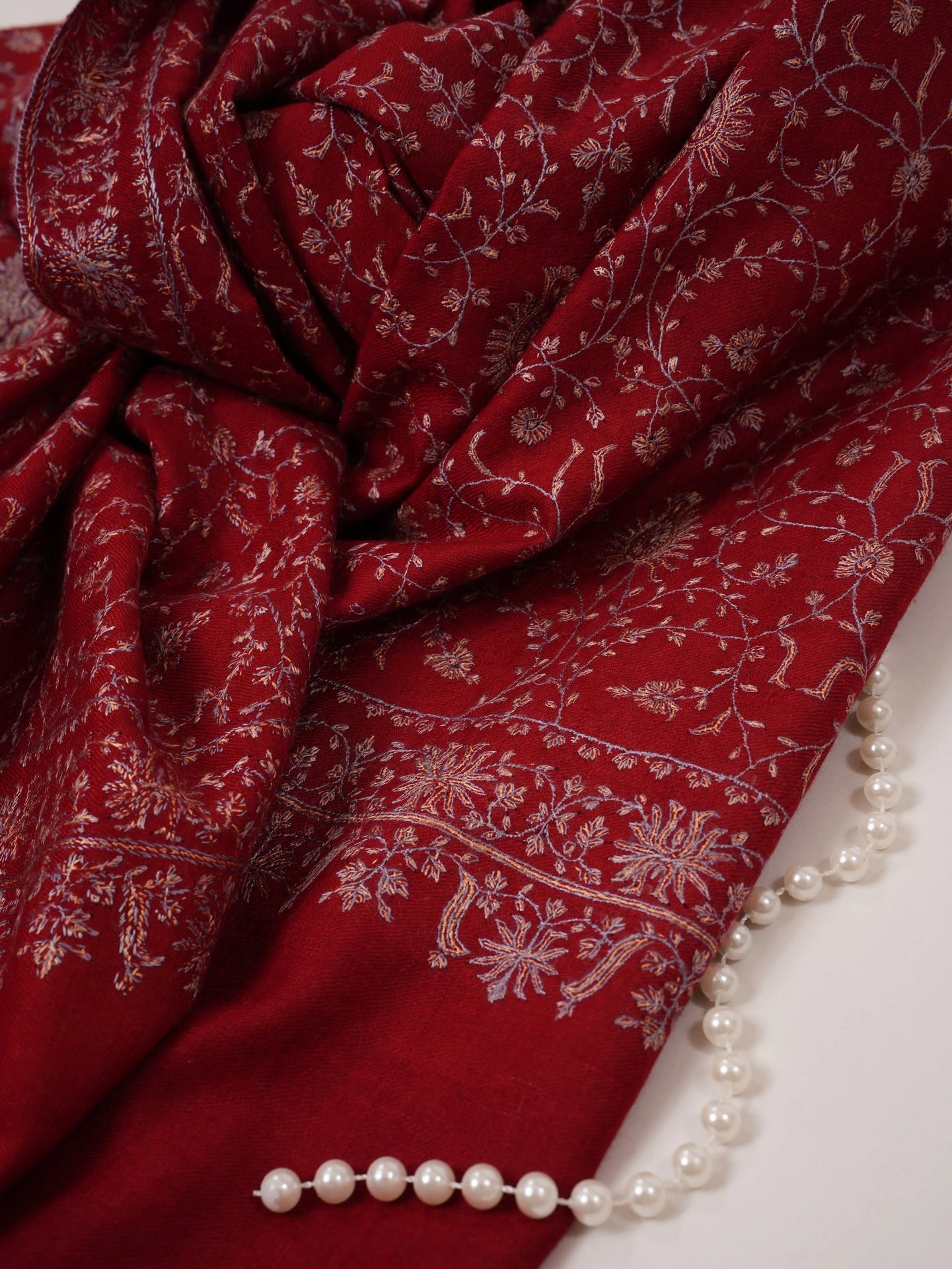 Ruby Red Handwoven Pure Pashmina Shawl with Silk Hand Embroidery Shahkaar.com
