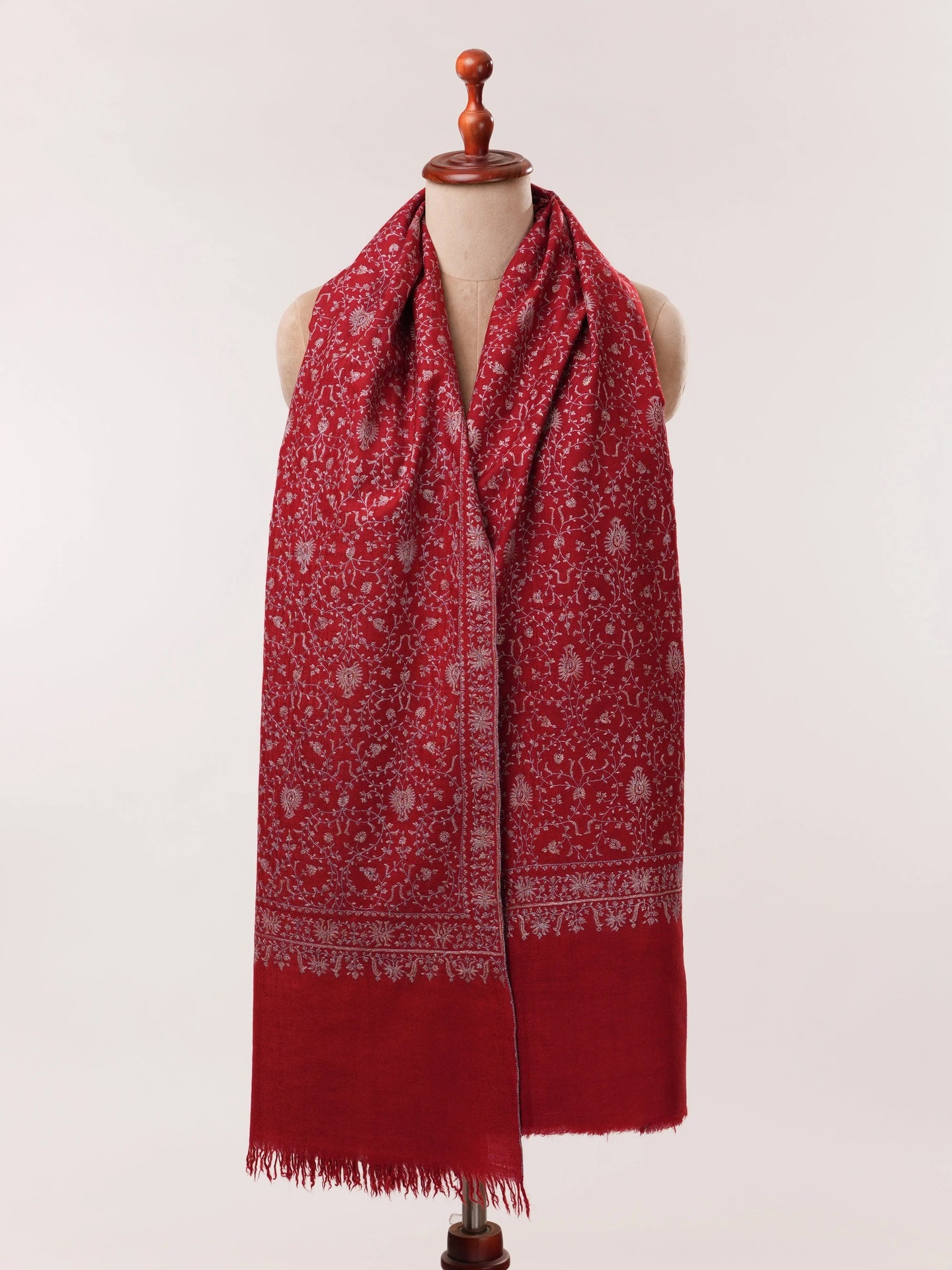 Ruby Red Handwoven Pure Pashmina Shawl with Silk Hand Embroidery Shahkaar.com